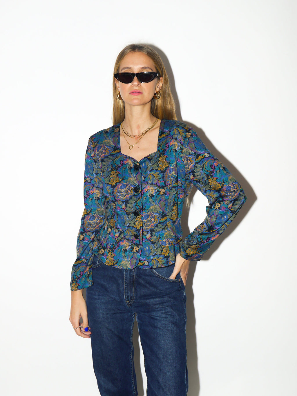 VINTAGE shirt 1980s | Topsi jacquard heart shaped neck blouse | vintage blue and yellow floral top | premium vintage blouse