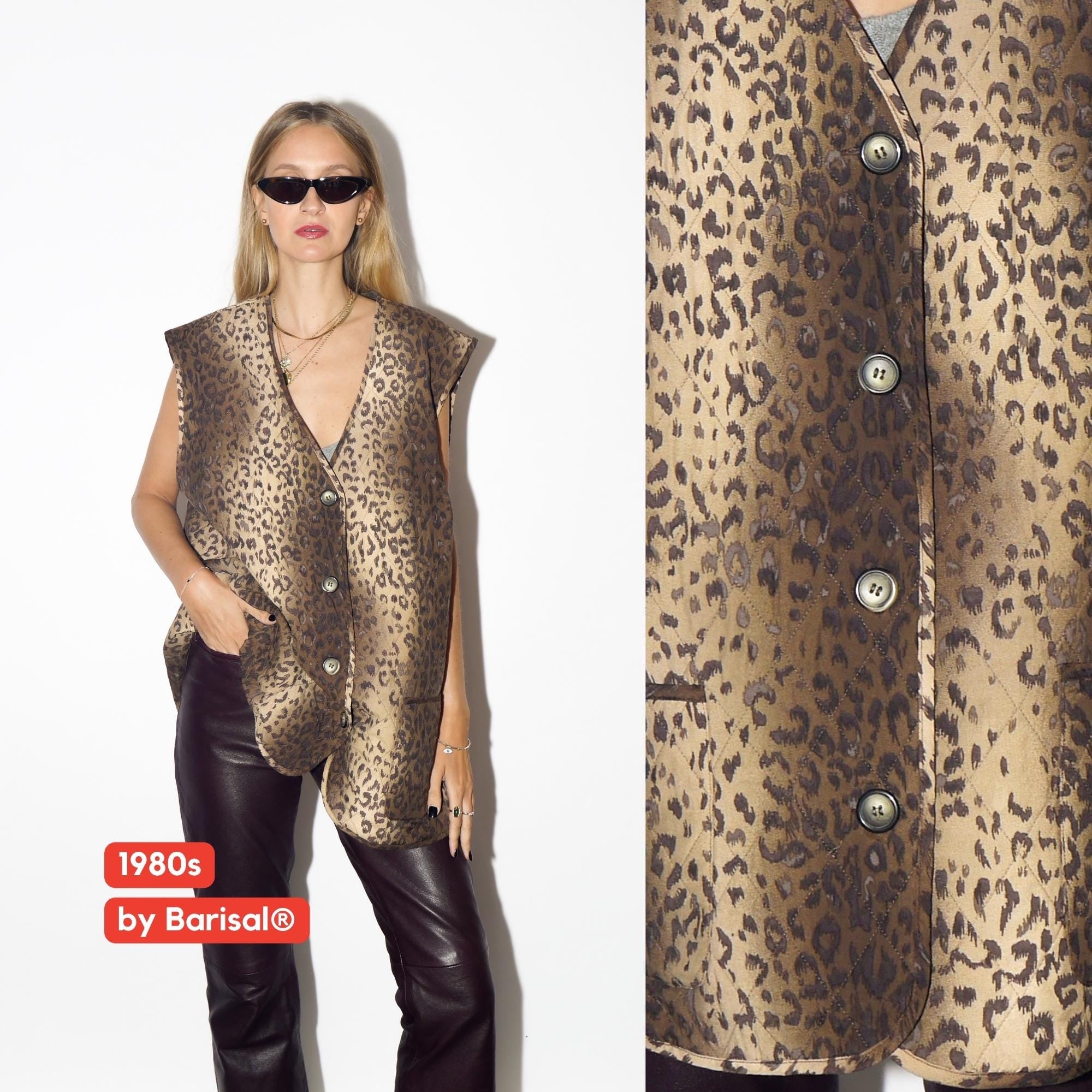 VINTAGE Brown Animal Print Quilted Oversized Vest From 1980s By Barisal