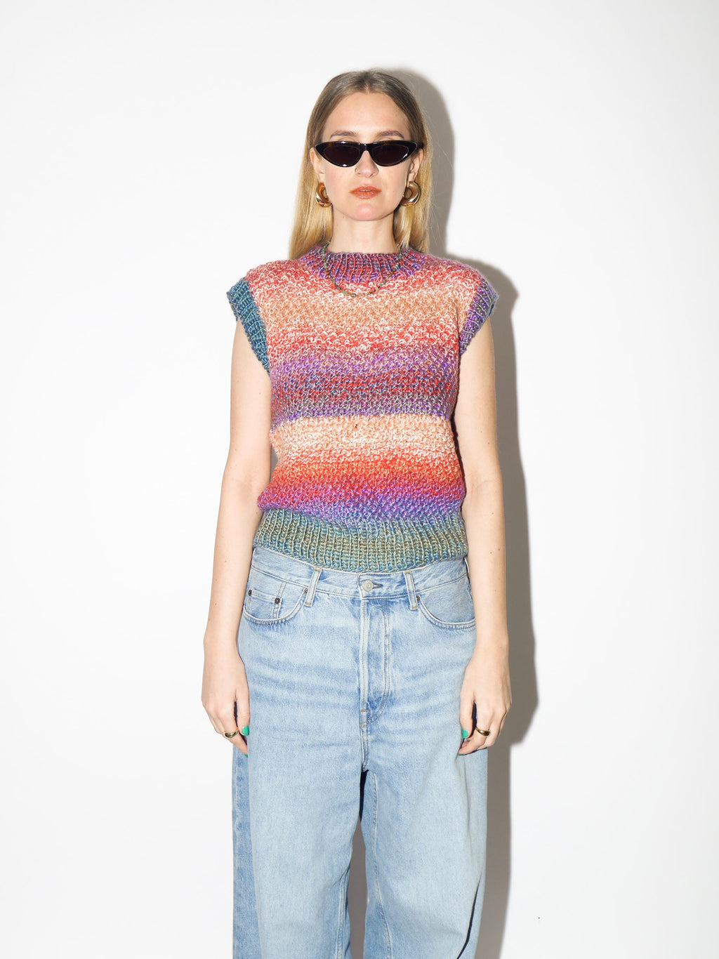 VINTAGE Rainbow Hand Knitted Vest from 1980s