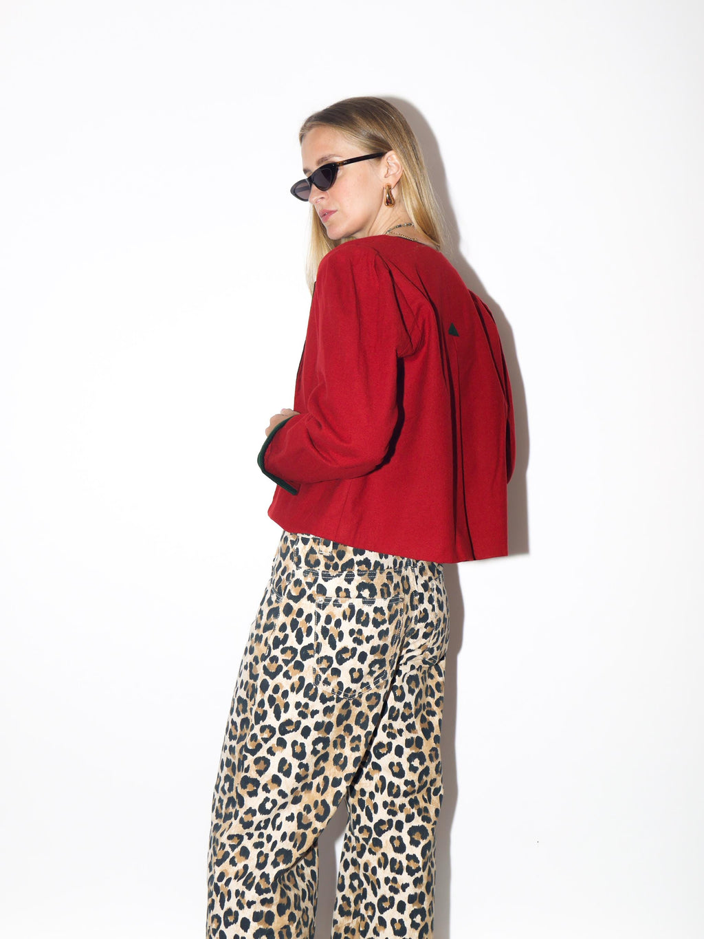 VINTAGE Wool Deep Red Cropped Austrian Blazer With Dark Green Velvet Collar And Cuffs From The 1980s By St Modell