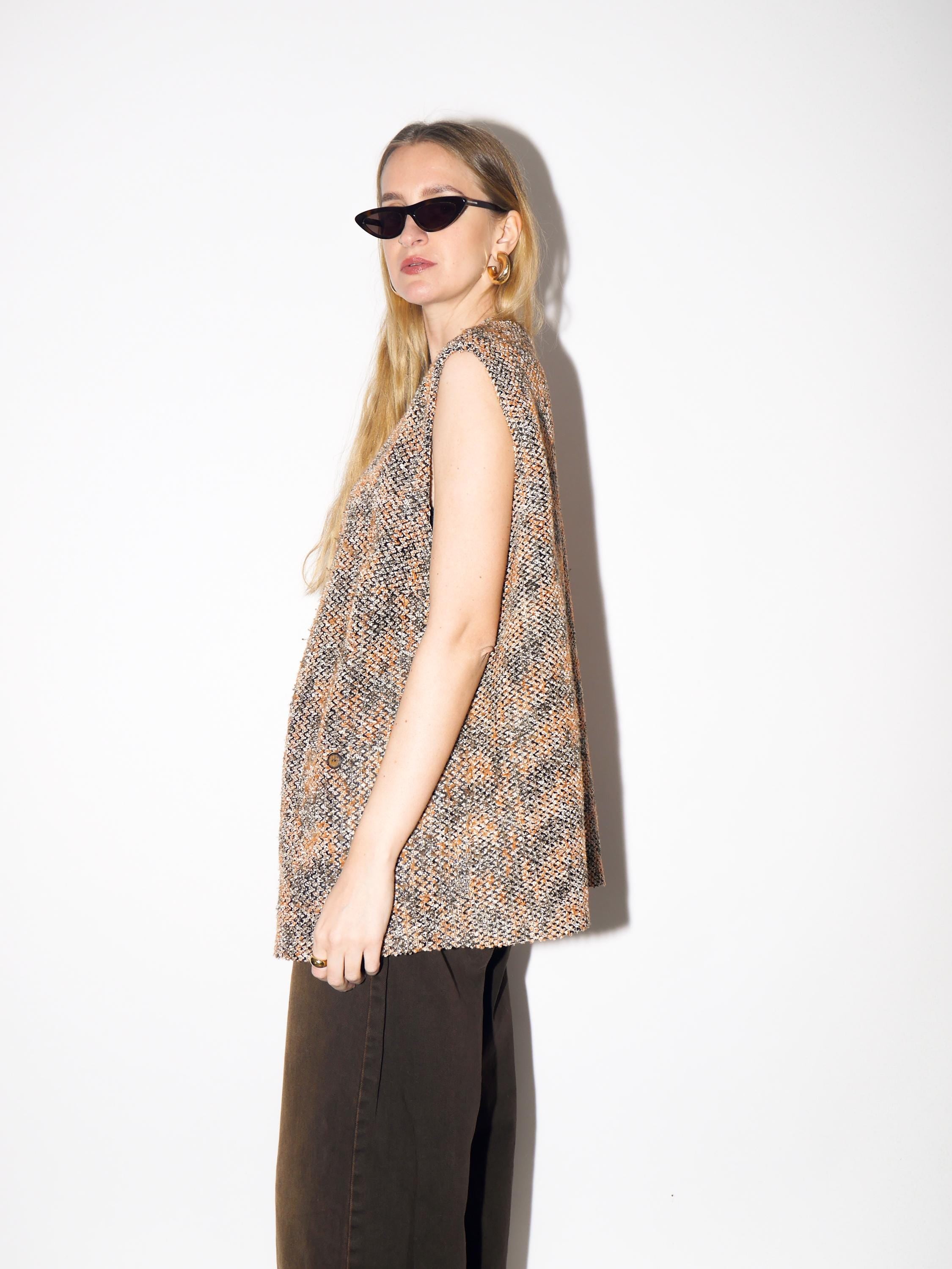 VINTAGE Knitted Boucle Vest from 1980s in Orange and Black with Cotton