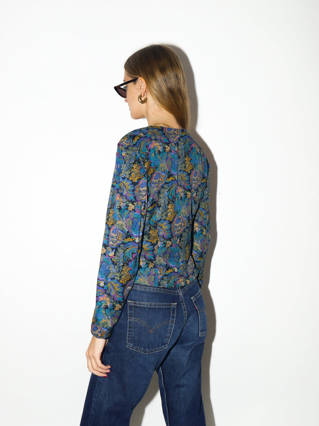 VINTAGE shirt 1980s | Topsi jacquard heart shaped neck blouse | vintage blue and yellow floral top | premium vintage blouse