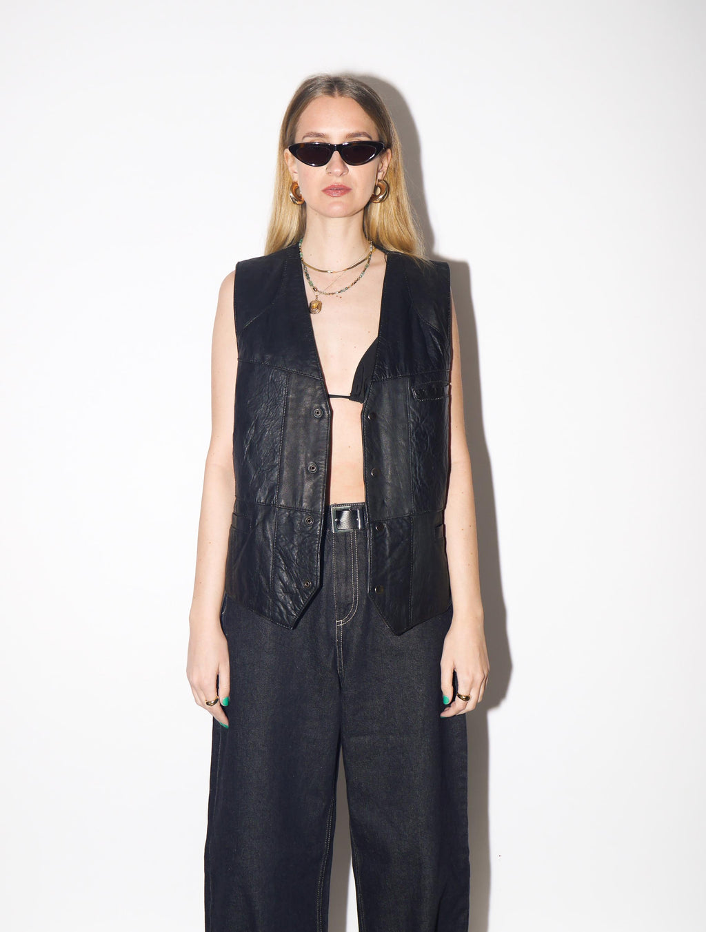 VINTAGE Black Leather Vest from 1980s | Oversized Biker Waistcoat w/Snap Buttons