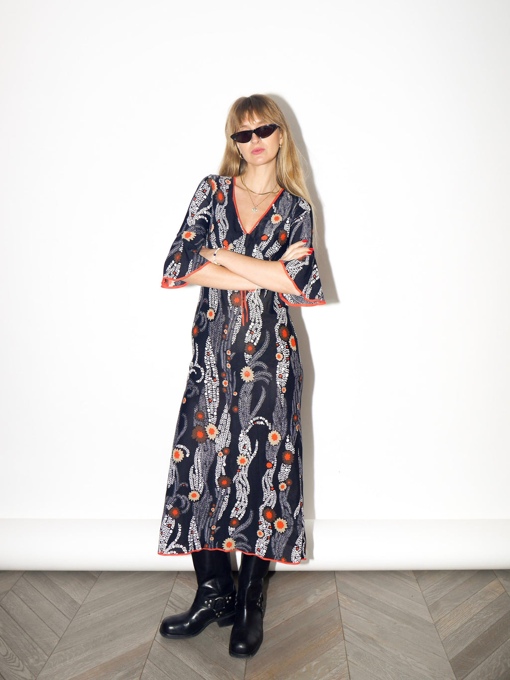 VINTAGE Black And Orange Floral Midi Dress With Ruffle Sleeves From The 1970s