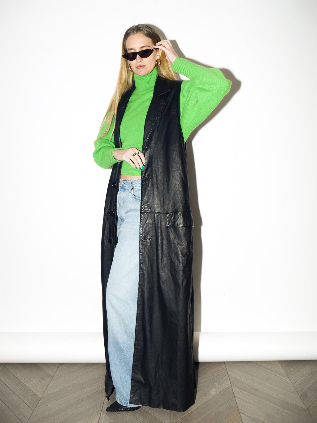 VINTAGE Black Maxi Leather Vest from 1980s | Matrix Style Long Leather Waistcoat