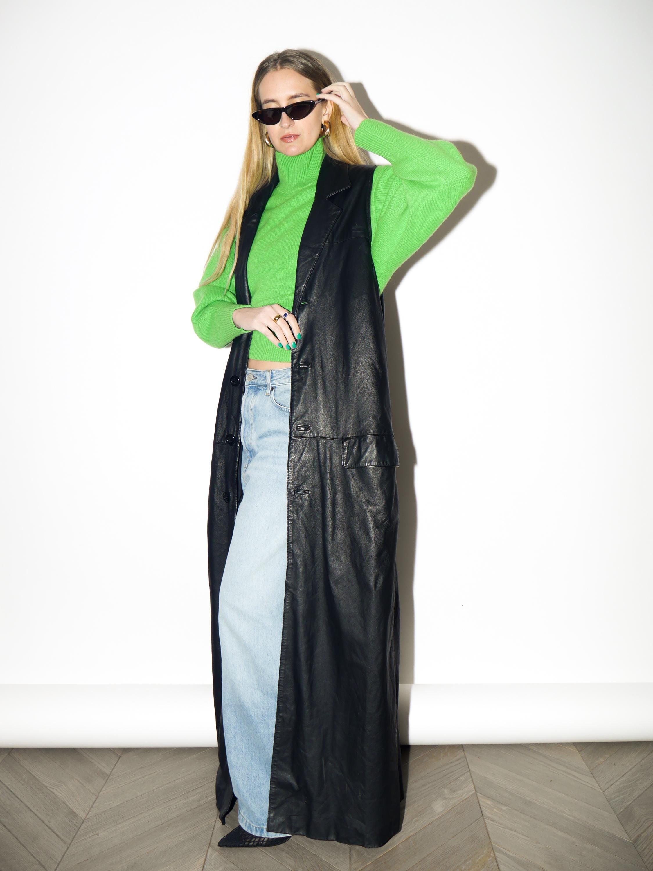 VINTAGE Black Maxi Leather Vest from 1980s | Matrix Style Long Leather Waistcoat