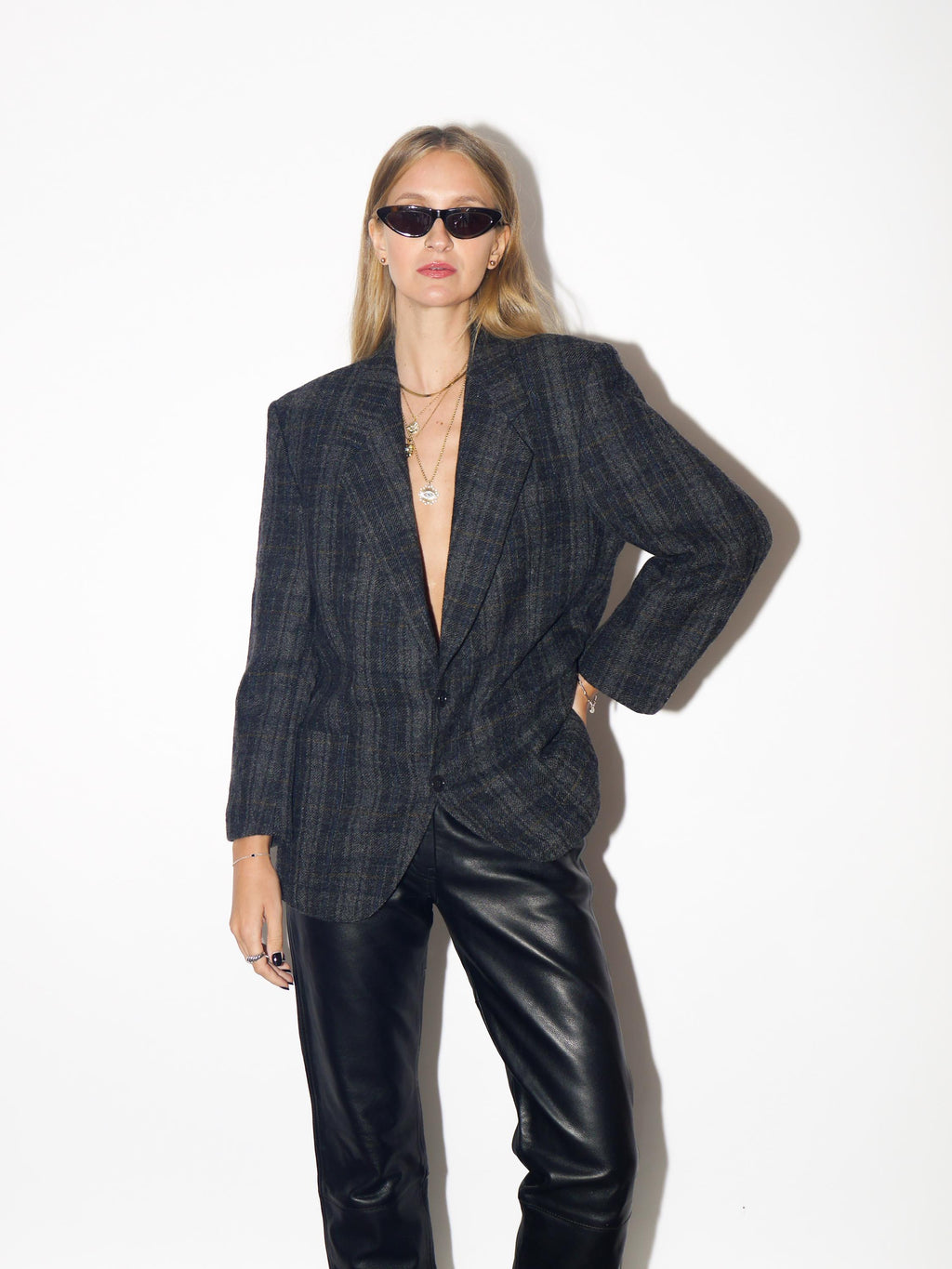 VINTAGE Black And Grey Checked Wool Blazer From The 1980s Made In Western Germany