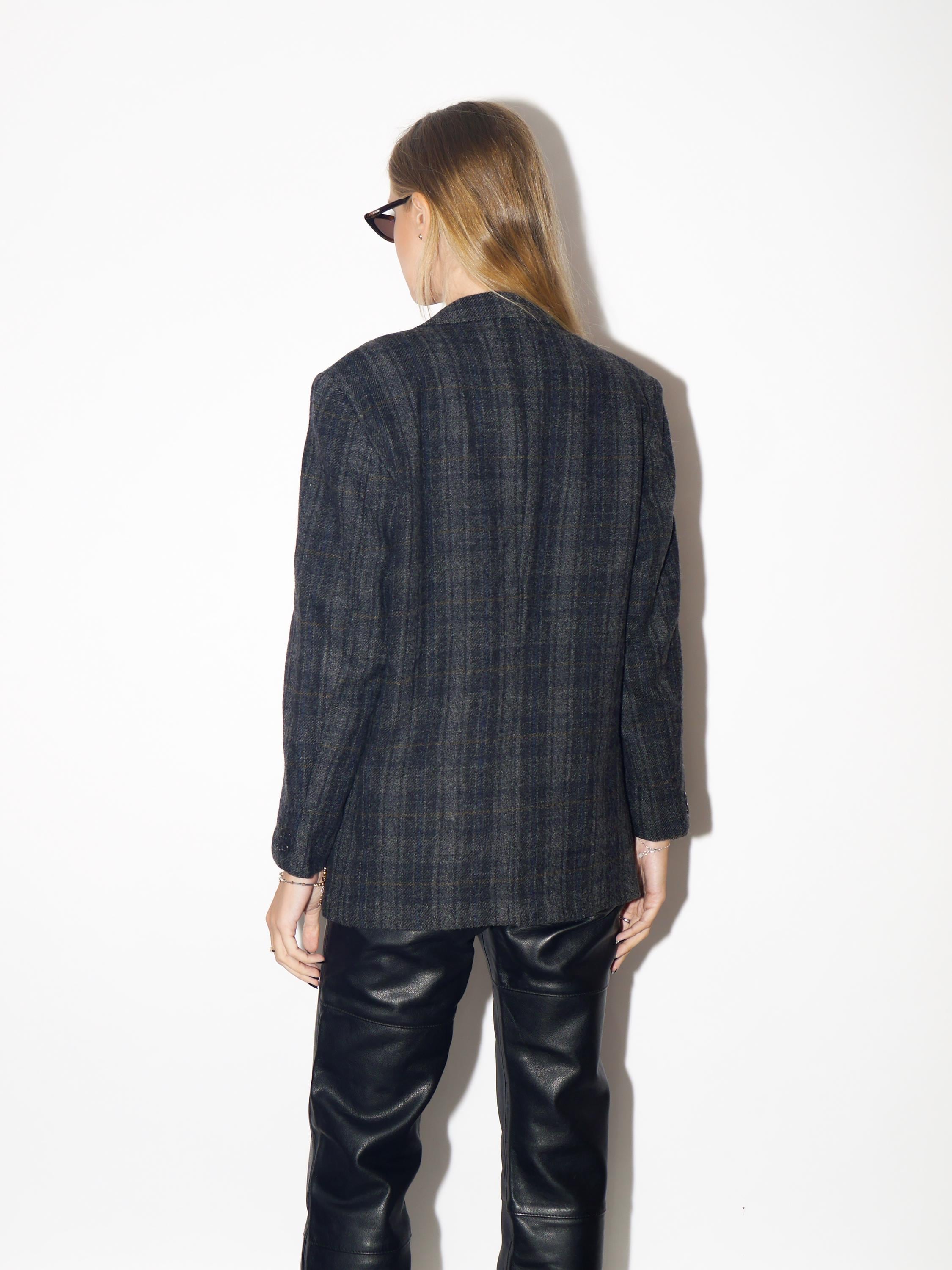 VINTAGE Black And Grey Checked Wool Blazer From The 1980s Made In Western Germany