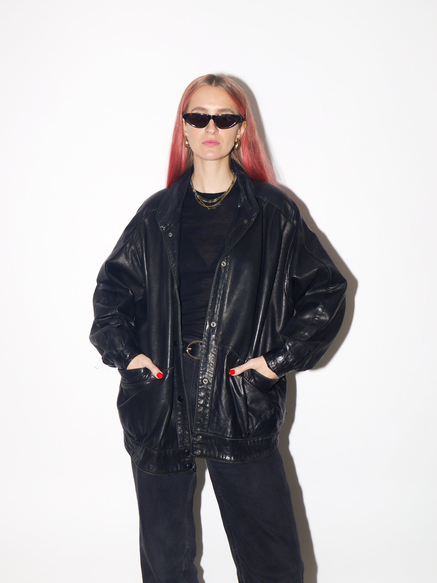 VINTAGE black leather jacket 1980s from UK | black vintage leather jacket | Hailey Bieber leather jacket | retro jacket | oversize jacket