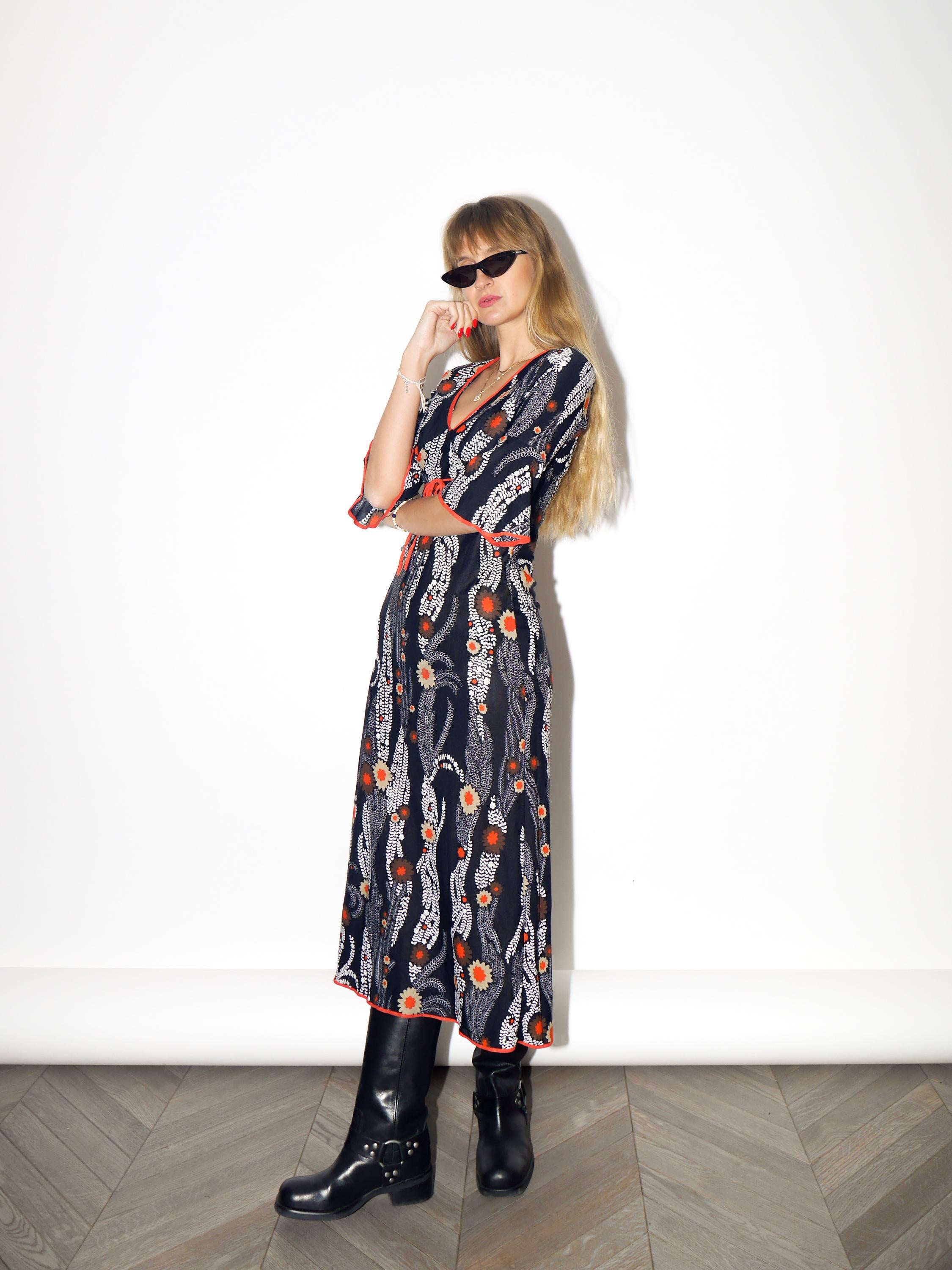VINTAGE Black And Orange Floral Midi Dress With Ruffle Sleeves From The 1970s