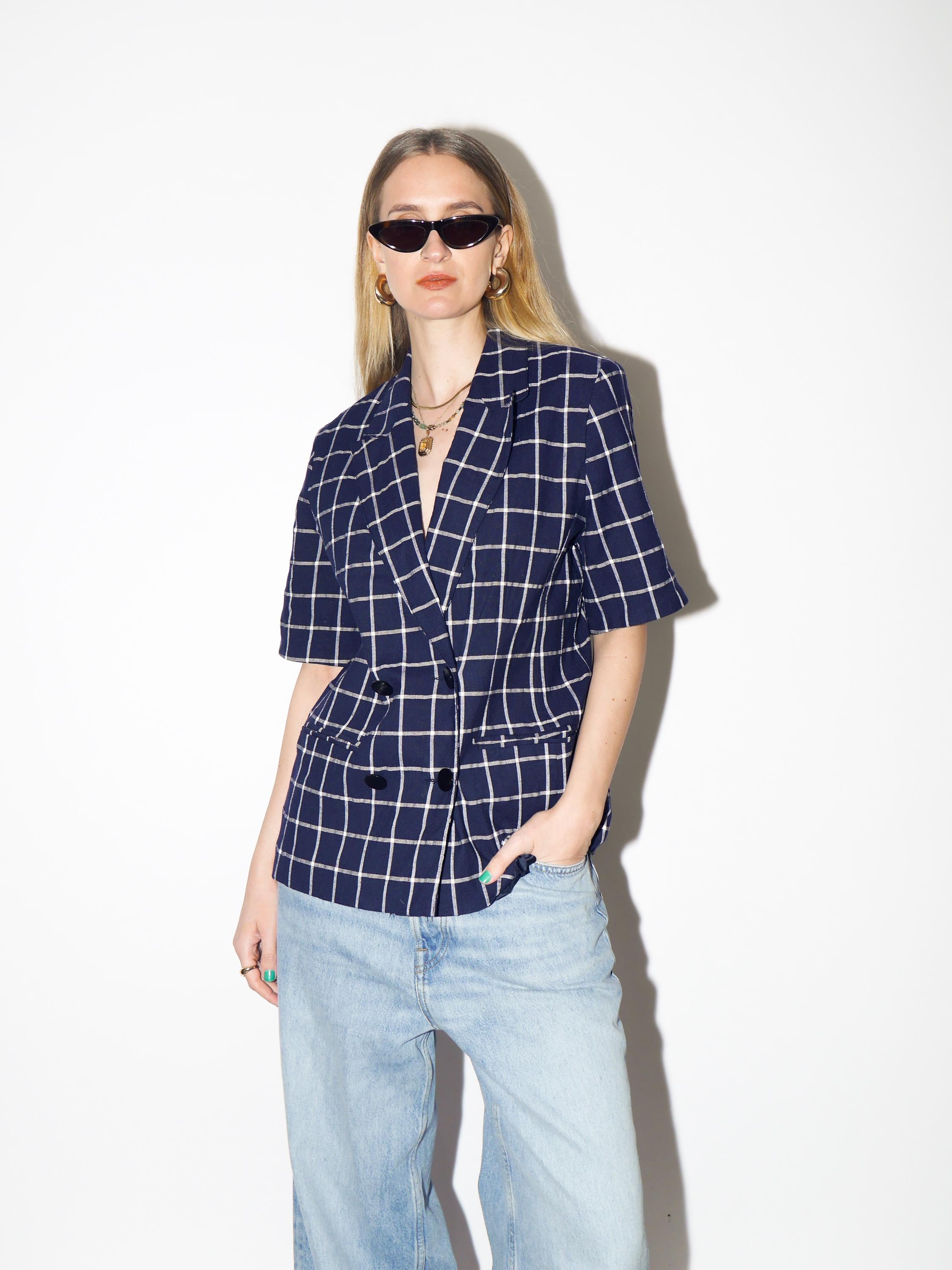 VINTAGE Navy Checked Short Sleeve Blazer from 1990s made of Viscose and Linen