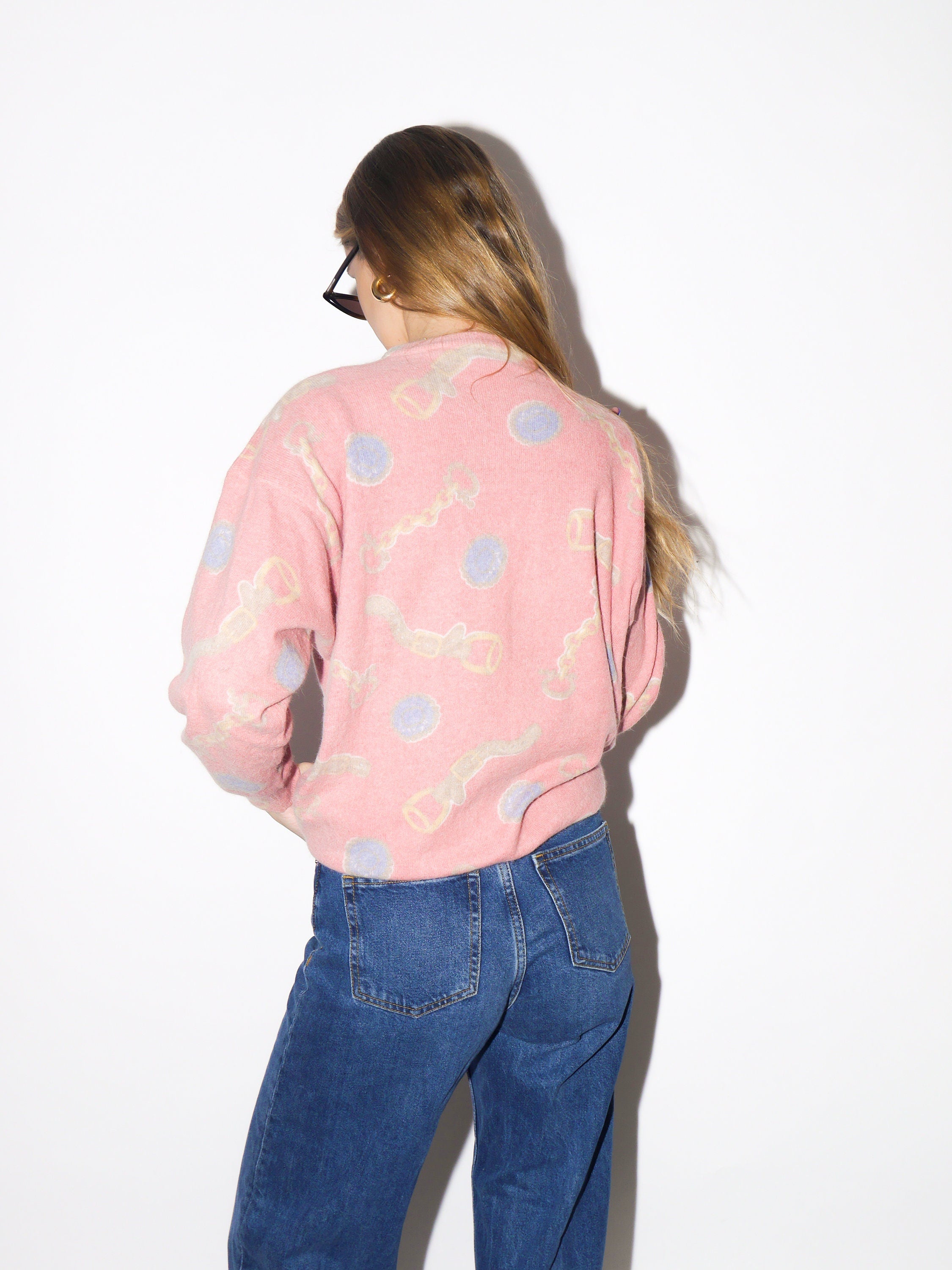 VINTAGE angora and wool sweater 1980s by Tivoli | cotton candy pink color with luxury chain pattern | oversize premium vintage sweater