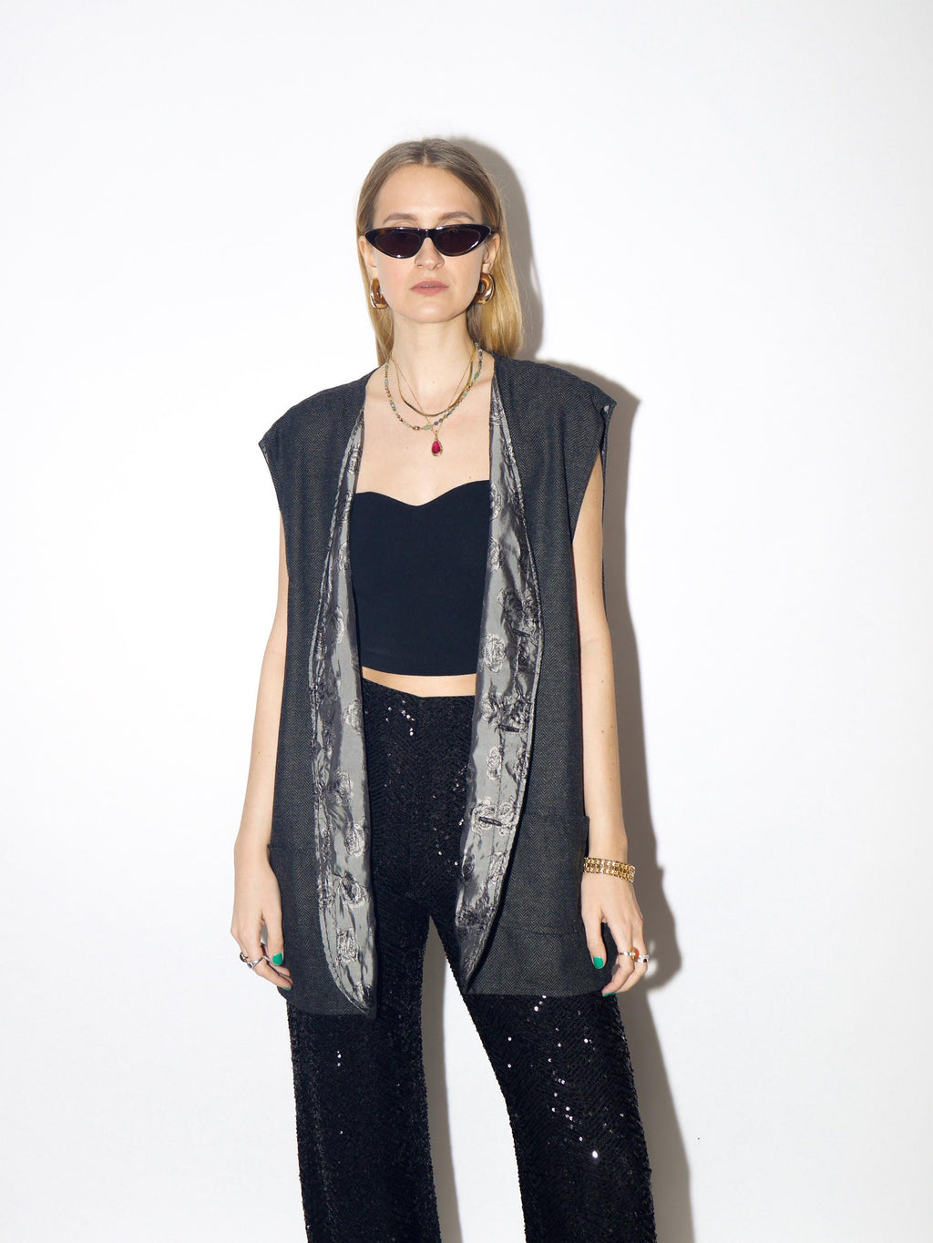 VINTAGE wool gray vest from 1980s in oversize fit with silky viscose lining