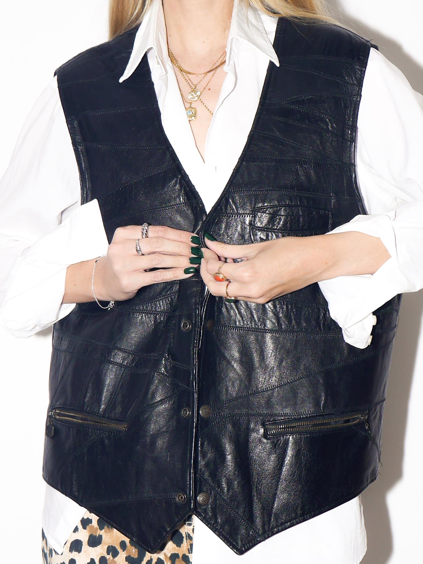 VINTAGE Black Patchwork Leather Vest From The 1980s by Elazar Leather