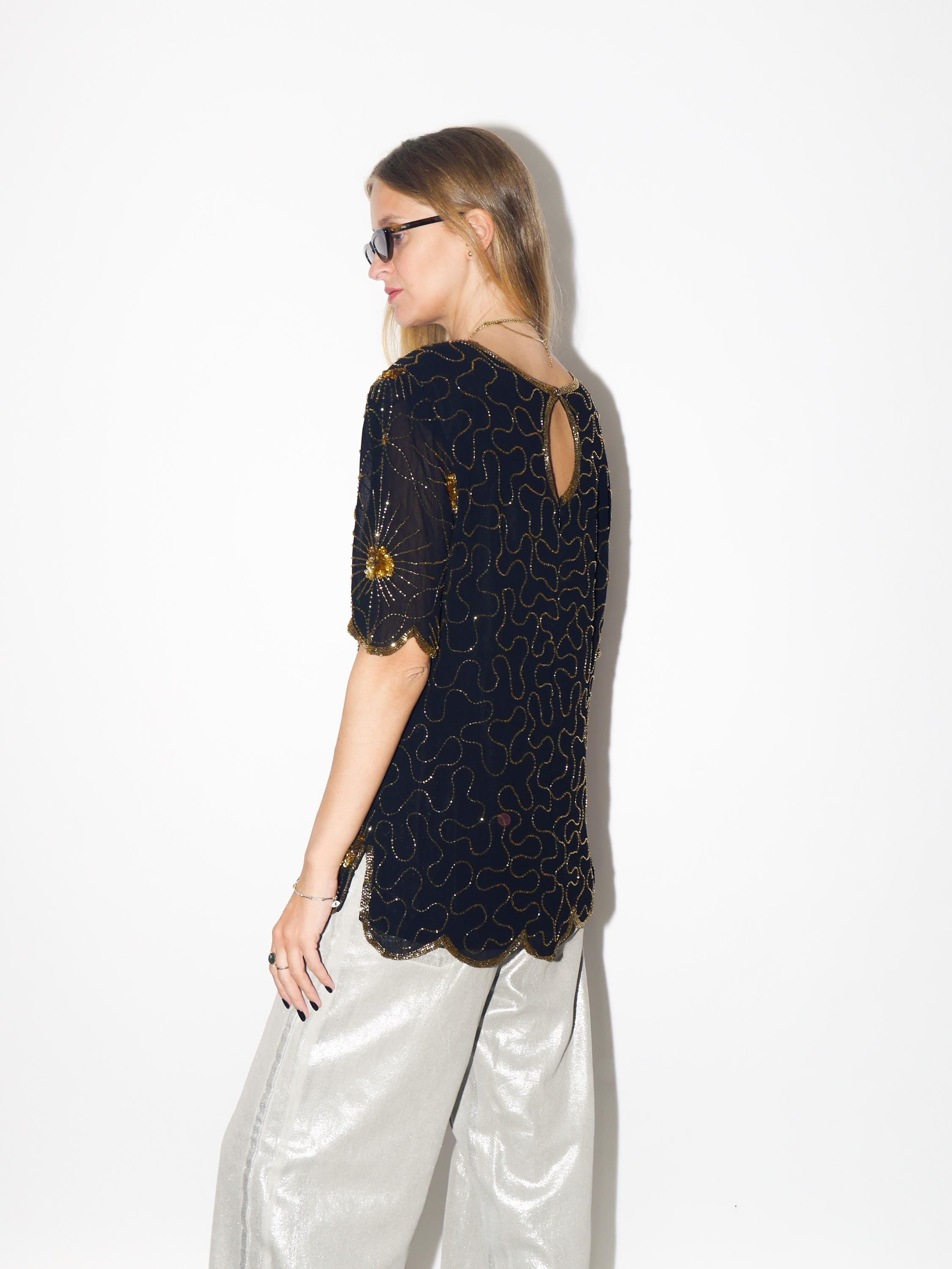 VINTAGE Black Viscose Blouse From The 1980s With Gold Beads And Sequins By Katherine Hart