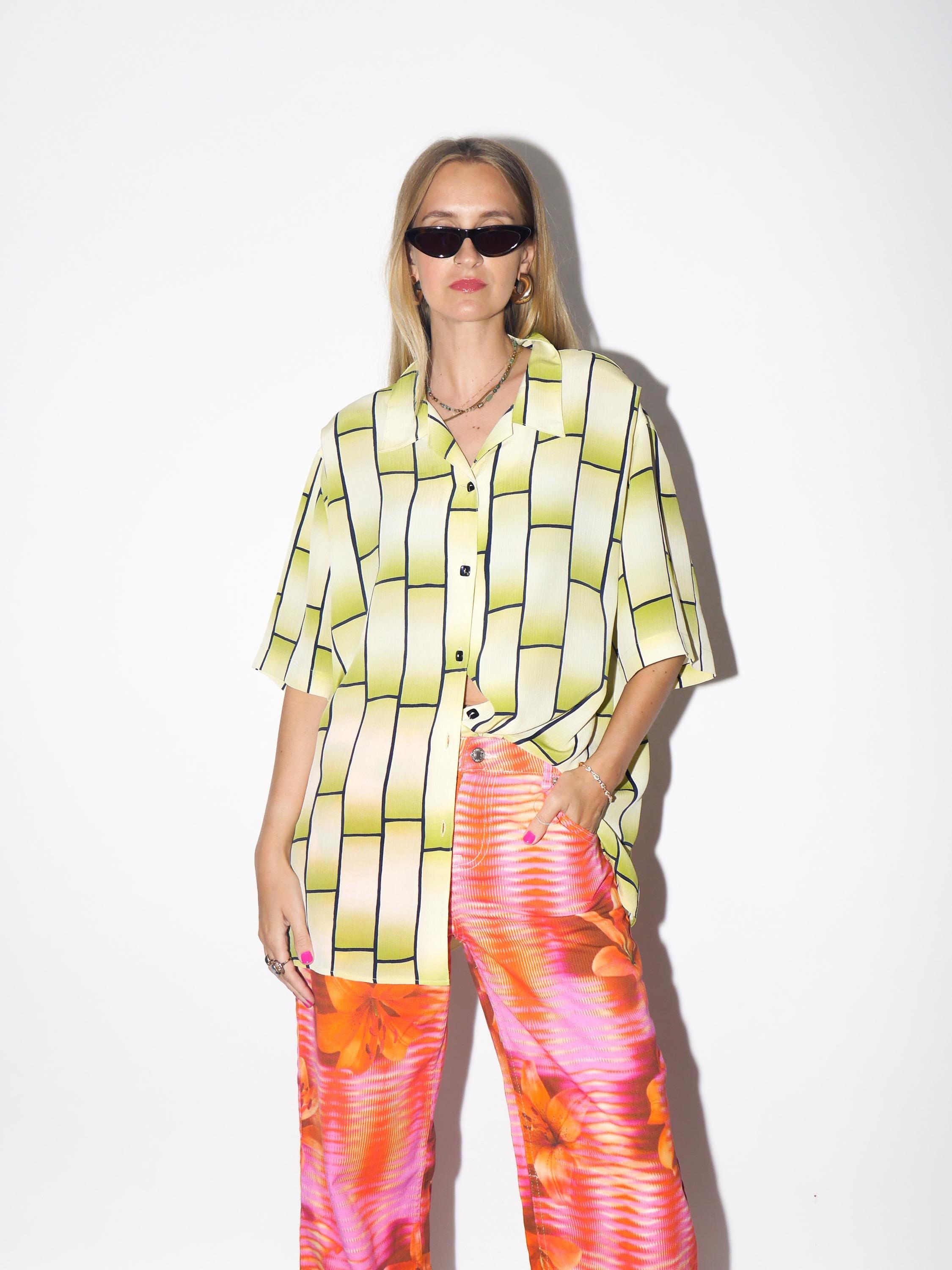 VINTAGE Yellow And Green Check Oversized Shirt With Square Buttons And Collar From The 1980s By Seidel Moden