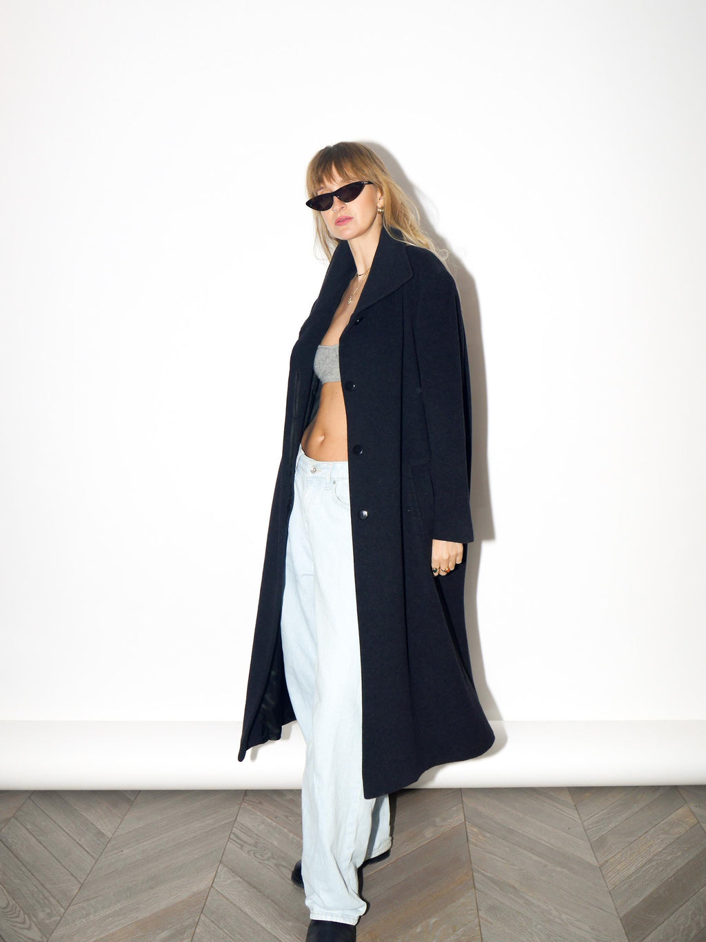 VINTAGE Black Wool And Angora Maxi Coat With Stand Collar From The 1980s By Marco Brunetti