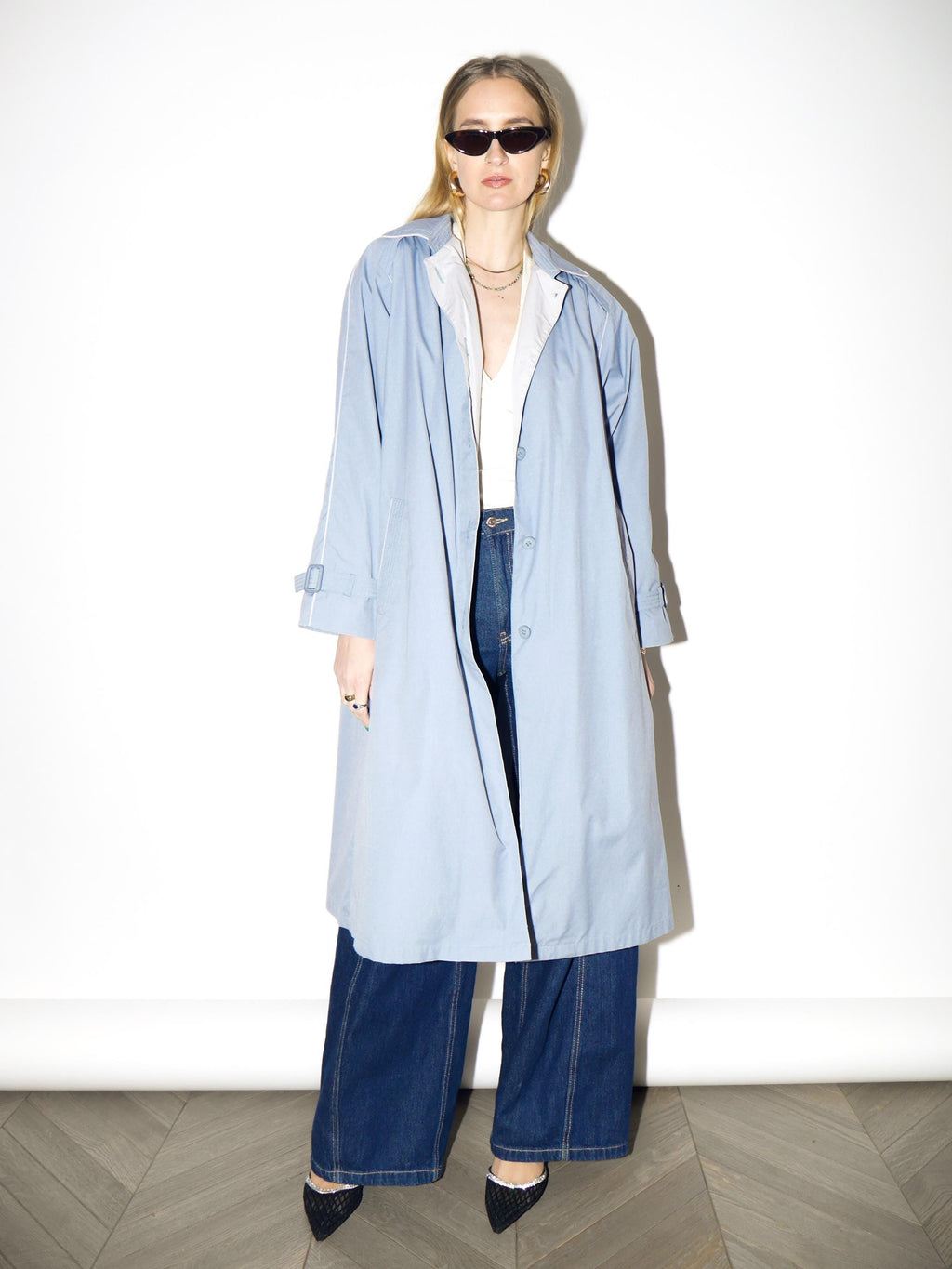 VINTAGE Baby Blue Trench Coat from 1980s | Midi Blue Cotton Trench Coat