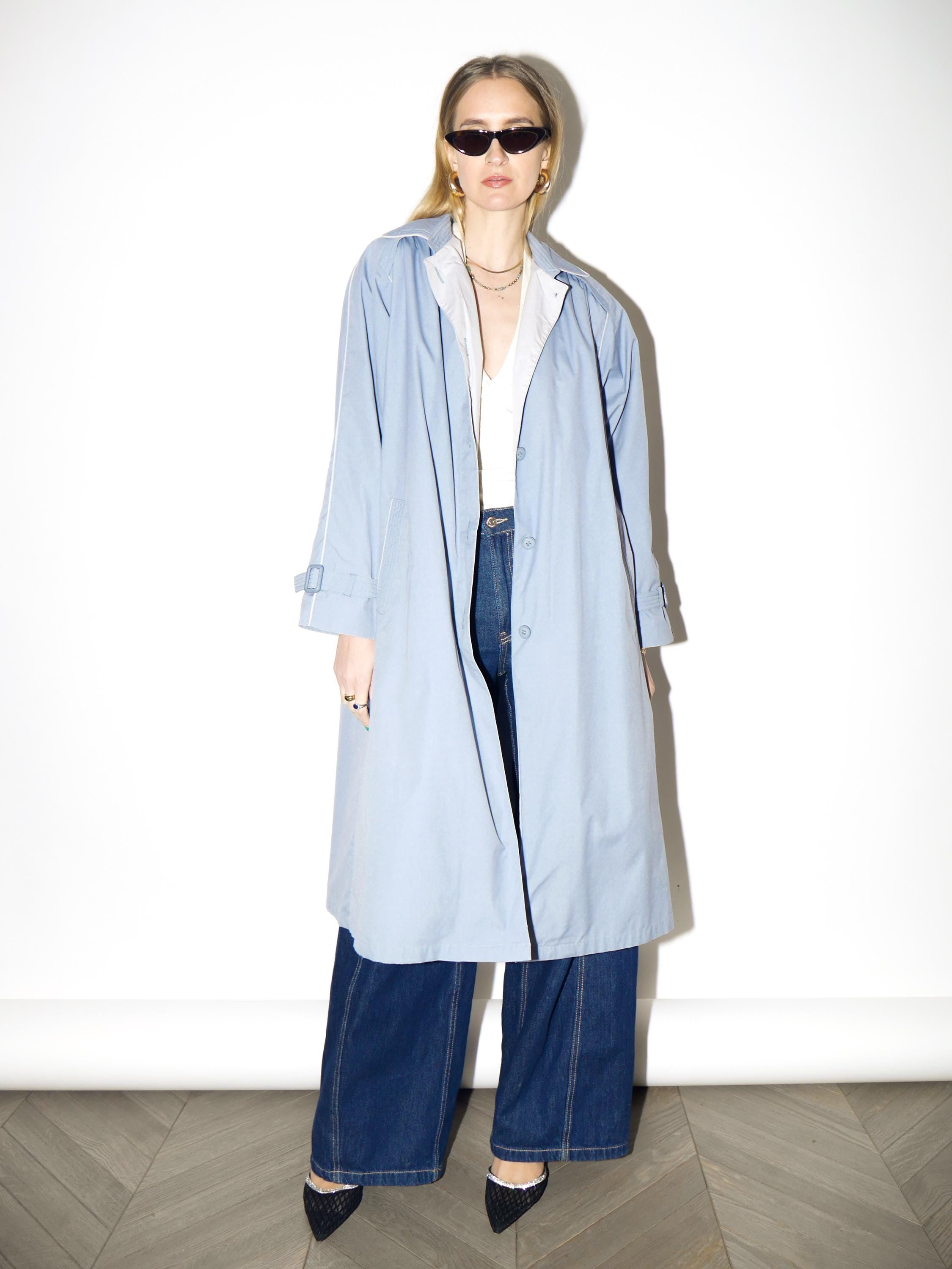 VINTAGE Baby Blue Trench Coat from 1980s | Midi Blue Cotton Trench Coat