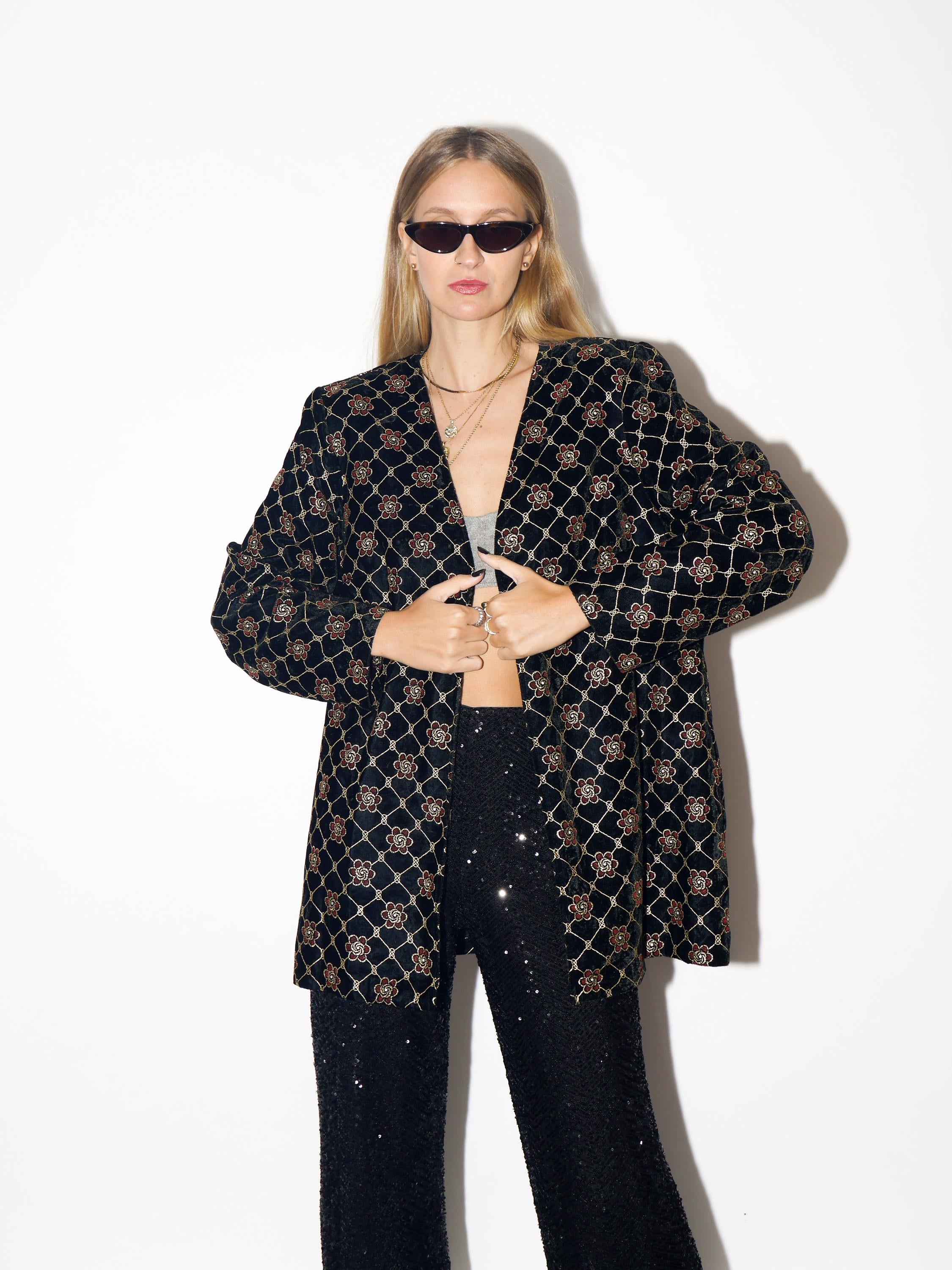 VINTAGE Black Velvet Oversized Blazer With Gold And Red Floral Embroidery From The 1980s By Designer Wear