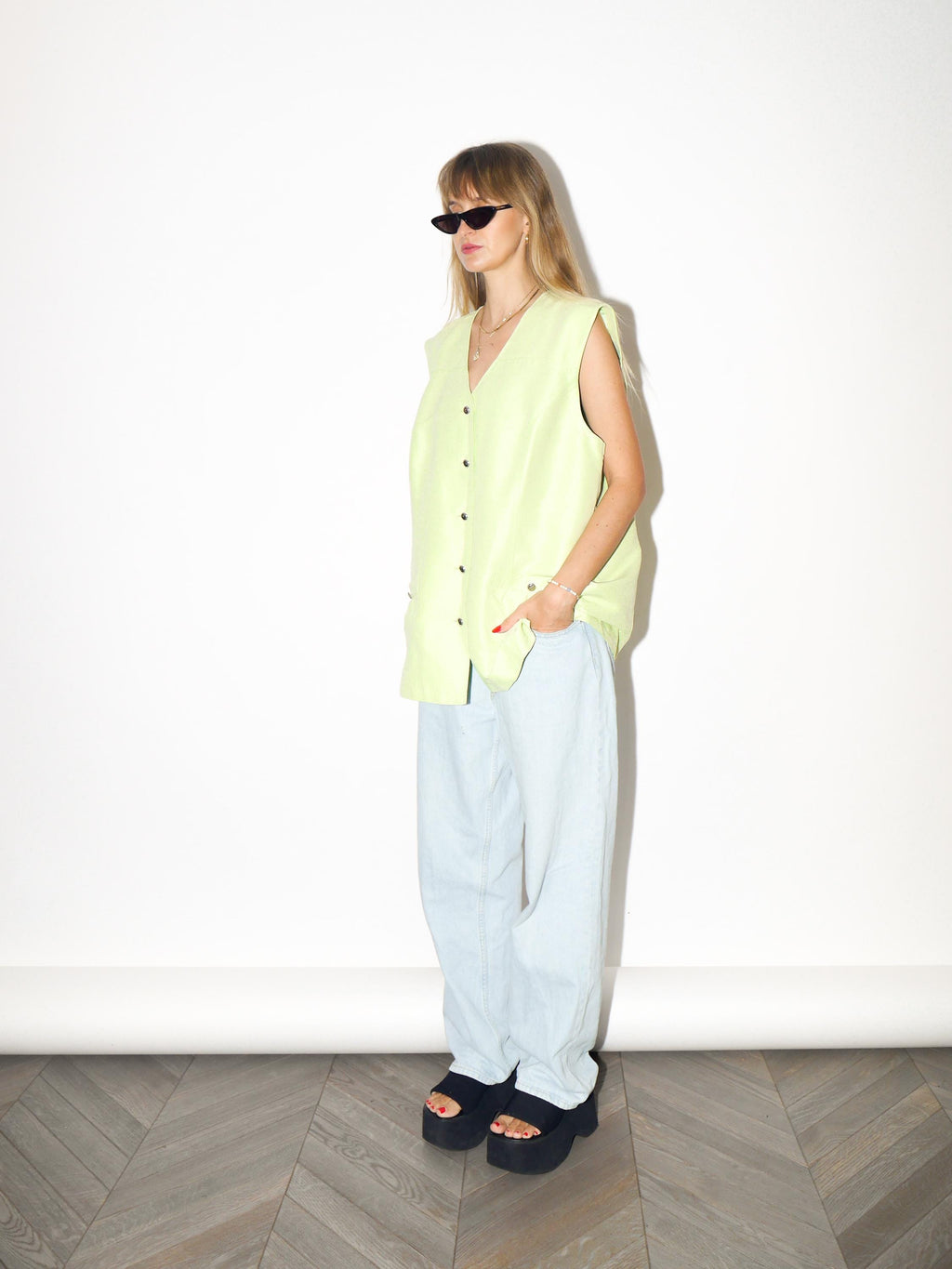VINTAGE Neon Pistachio Green Statement Vest With Metal Buttons From The 1980s