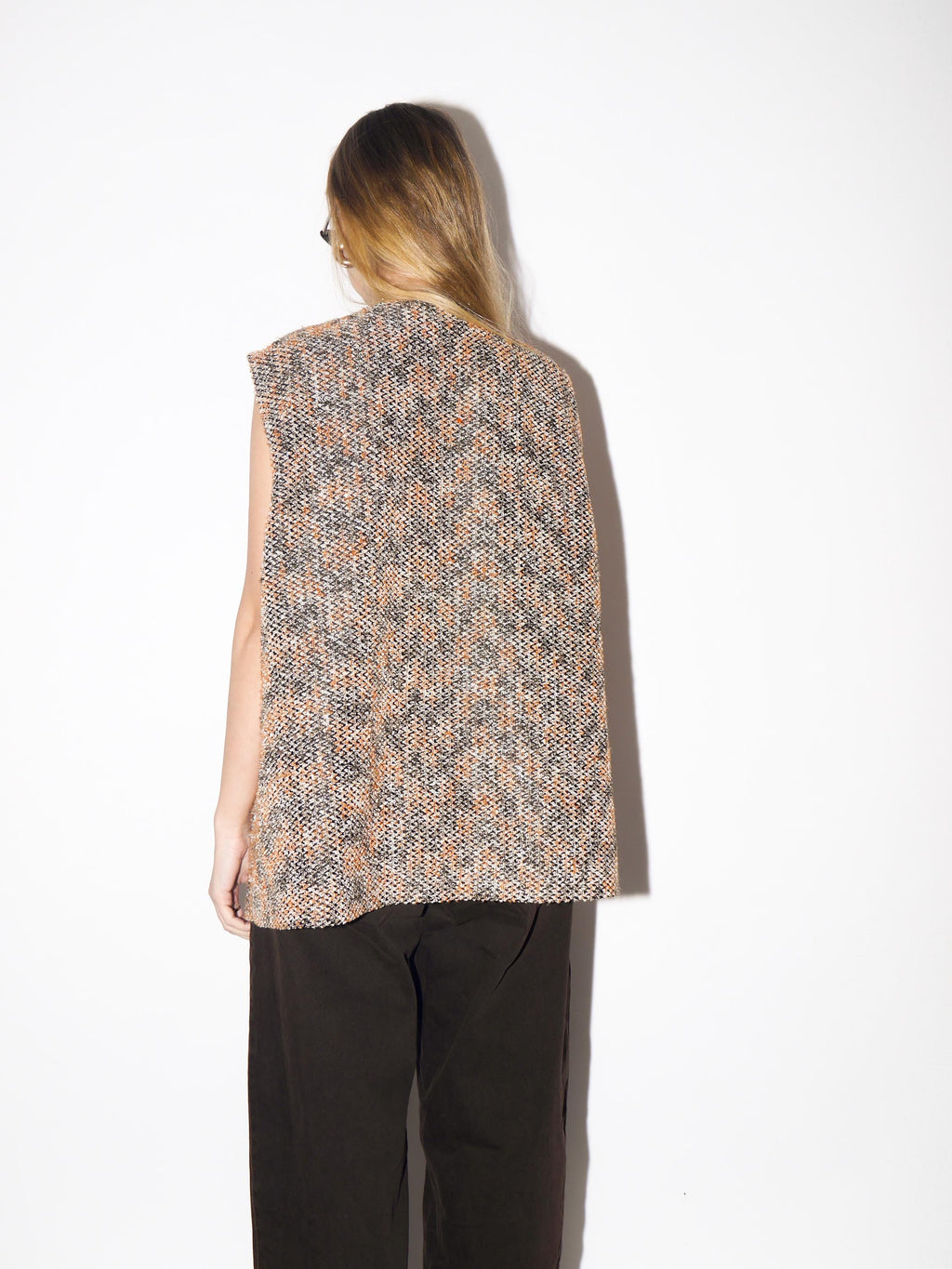 VINTAGE Knitted Boucle Vest from 1980s in Orange and Black with Cotton
