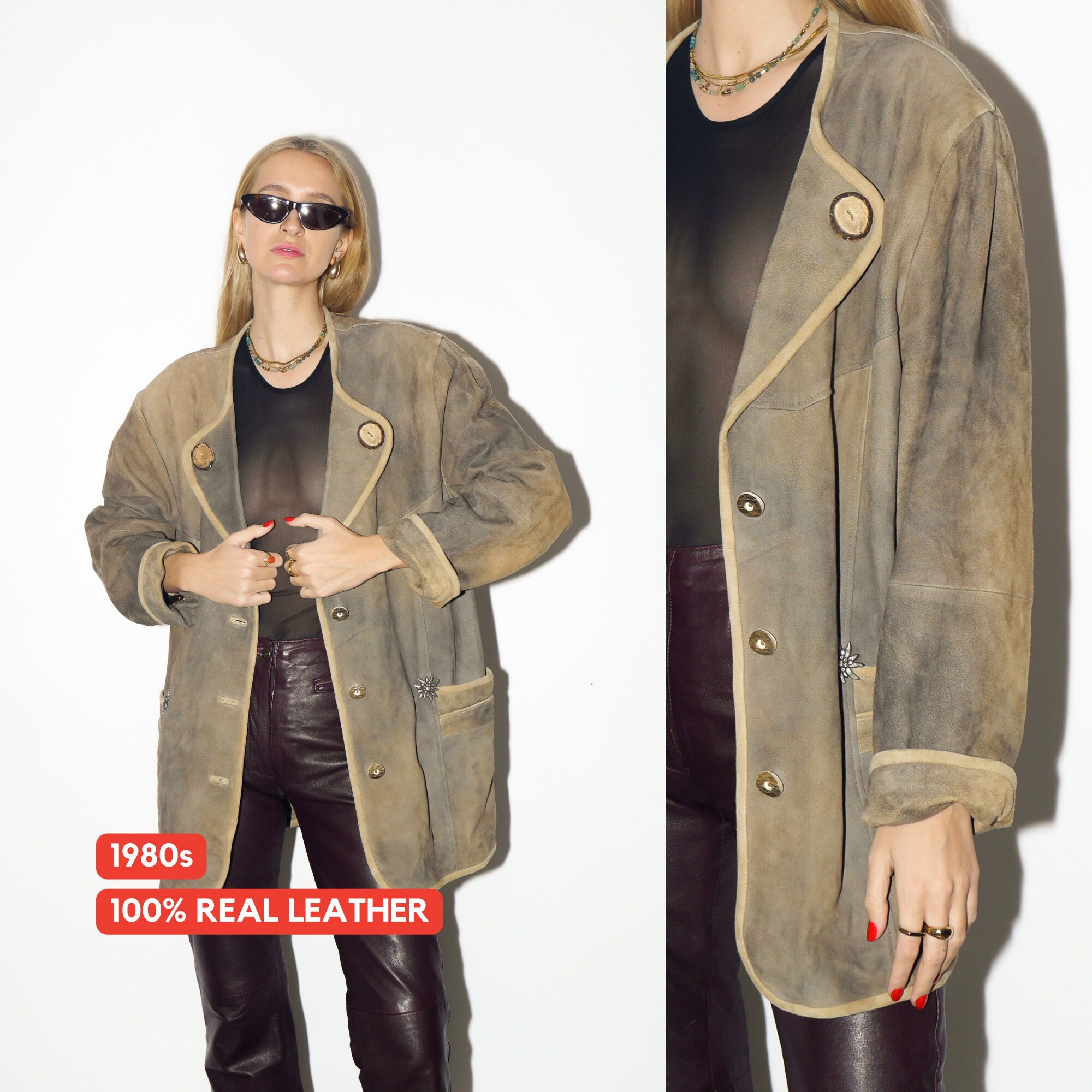 VINTAGE leather suede beige jacket 1980s | beige vintage leather blazer | retro leather jacket | vintage leather jacket | oversize jacket