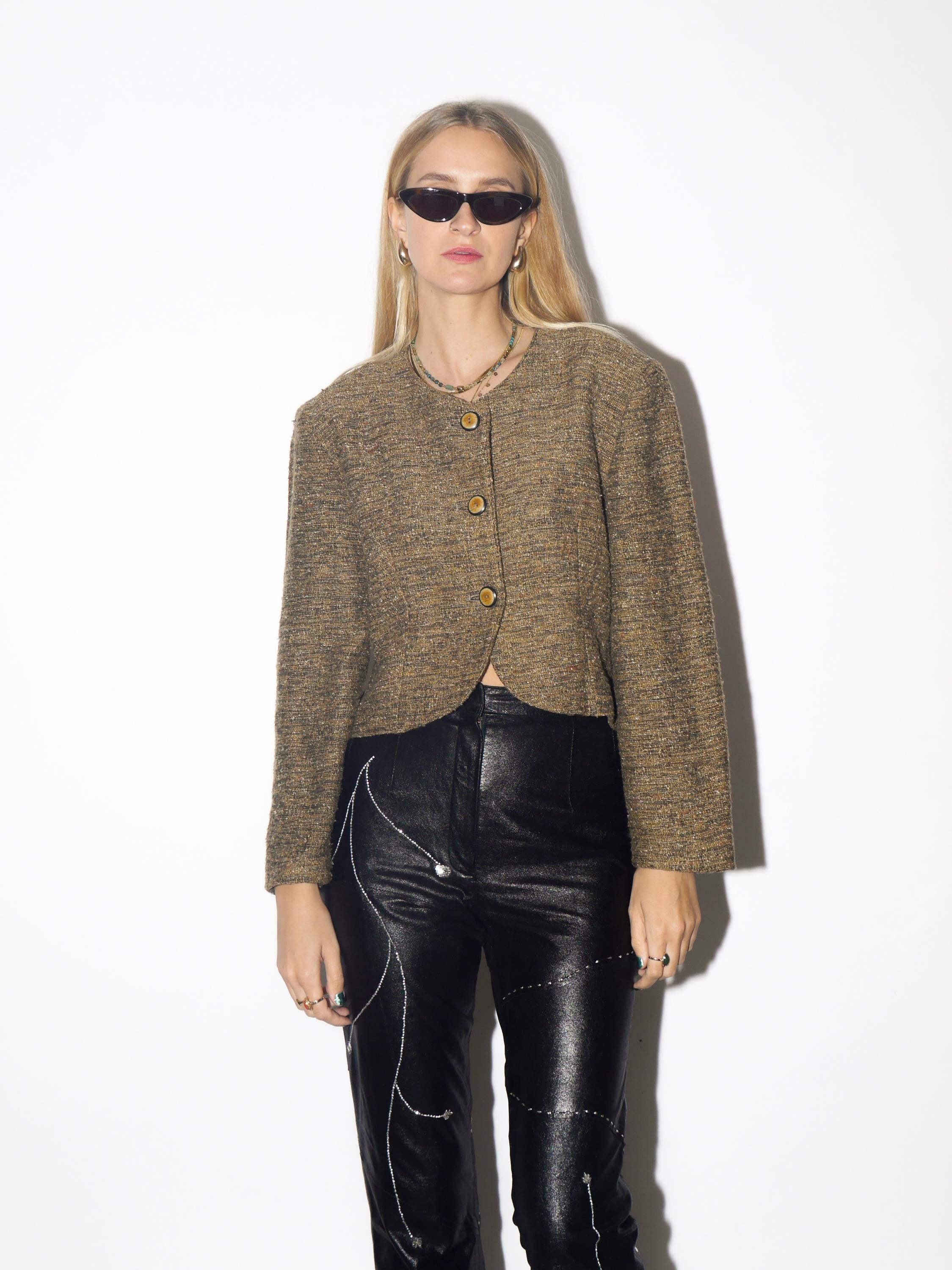 VINTAGE khaki tweed blazer from 1980s made of viscose, wool and cotton blend