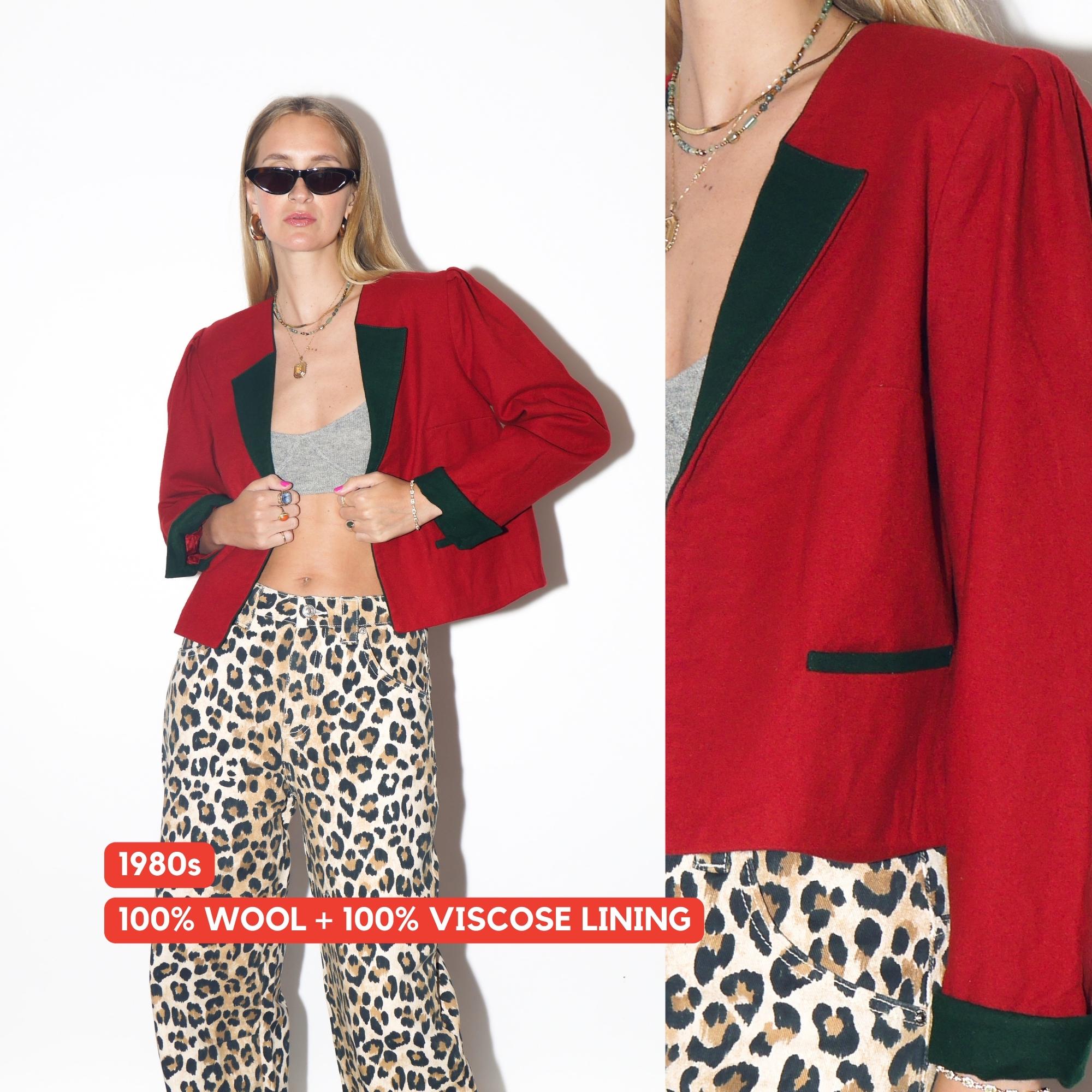 VINTAGE Wool Deep Red Cropped Austrian Blazer With Dark Green Velvet Collar And Cuffs From The 1980s By St Modell