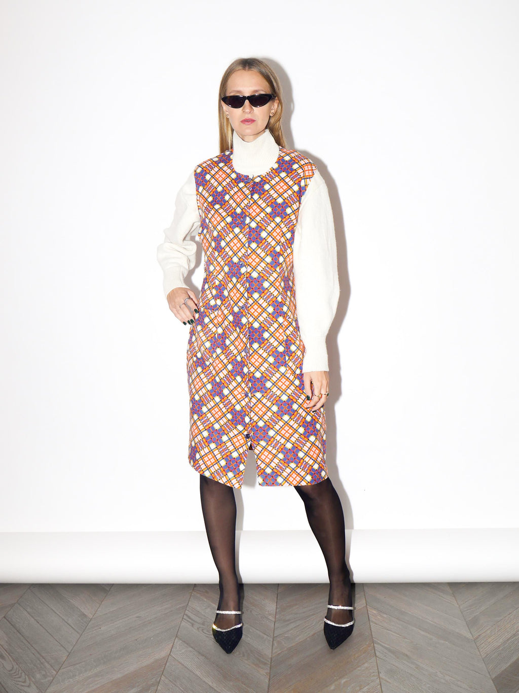 VINTAGE Orange And Beige Checked Cotton Sleeveless Dress From The 1980s By Miloty