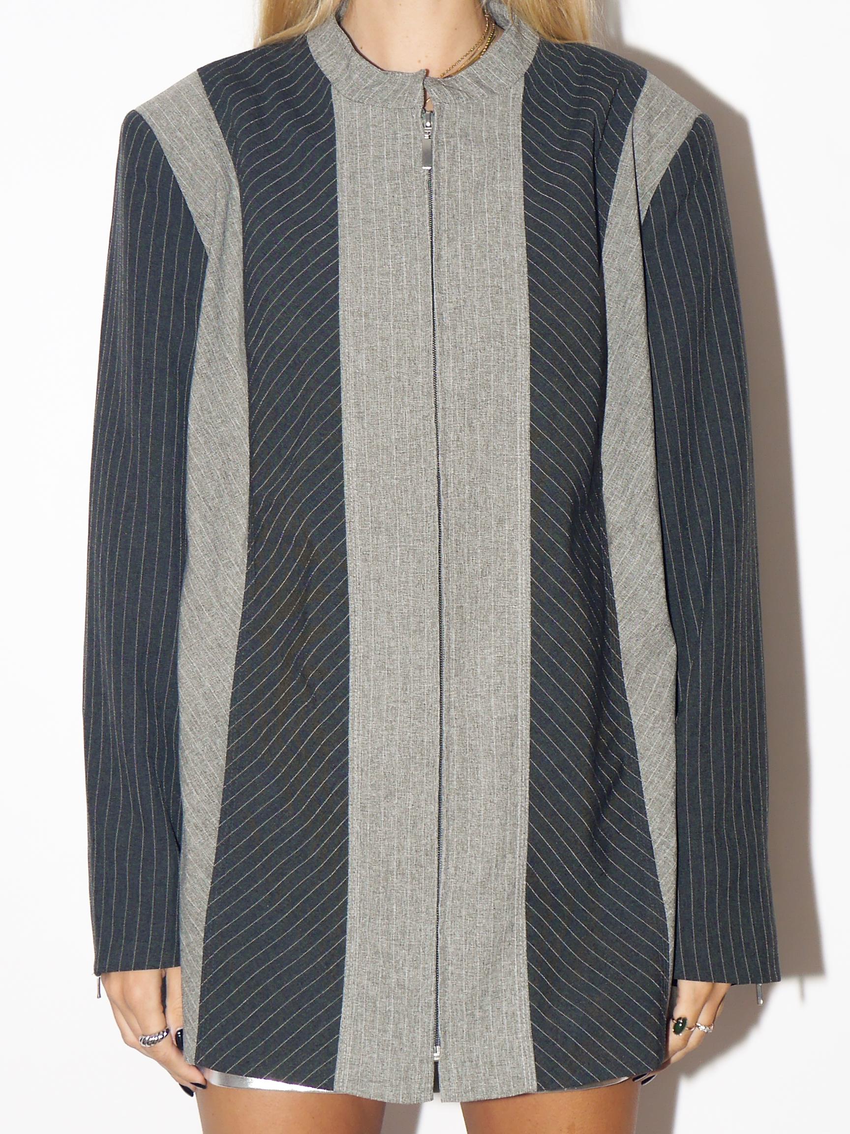 VINTAGE Gray Striped Oversized Blazer From 1990s With Zipper And Shoulder Pads