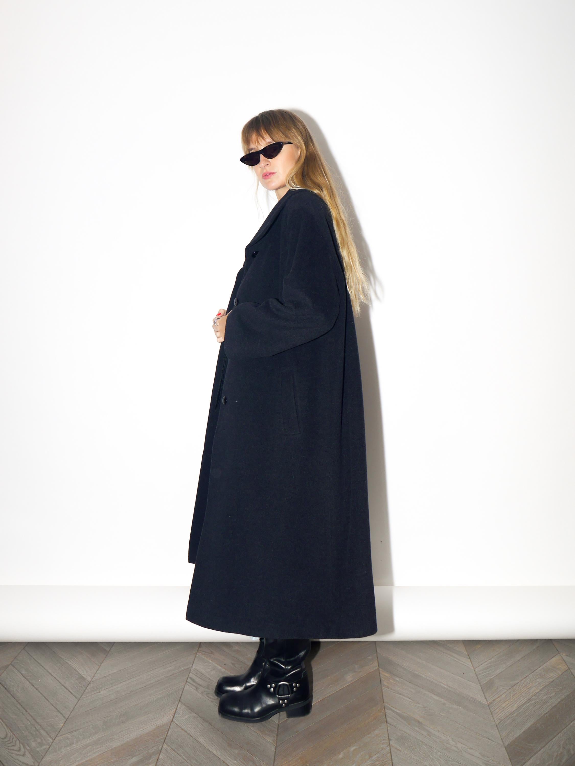 VINTAGE Black Wool And Angora Maxi Coat With Stand Collar From The 1980s By Marco Brunetti