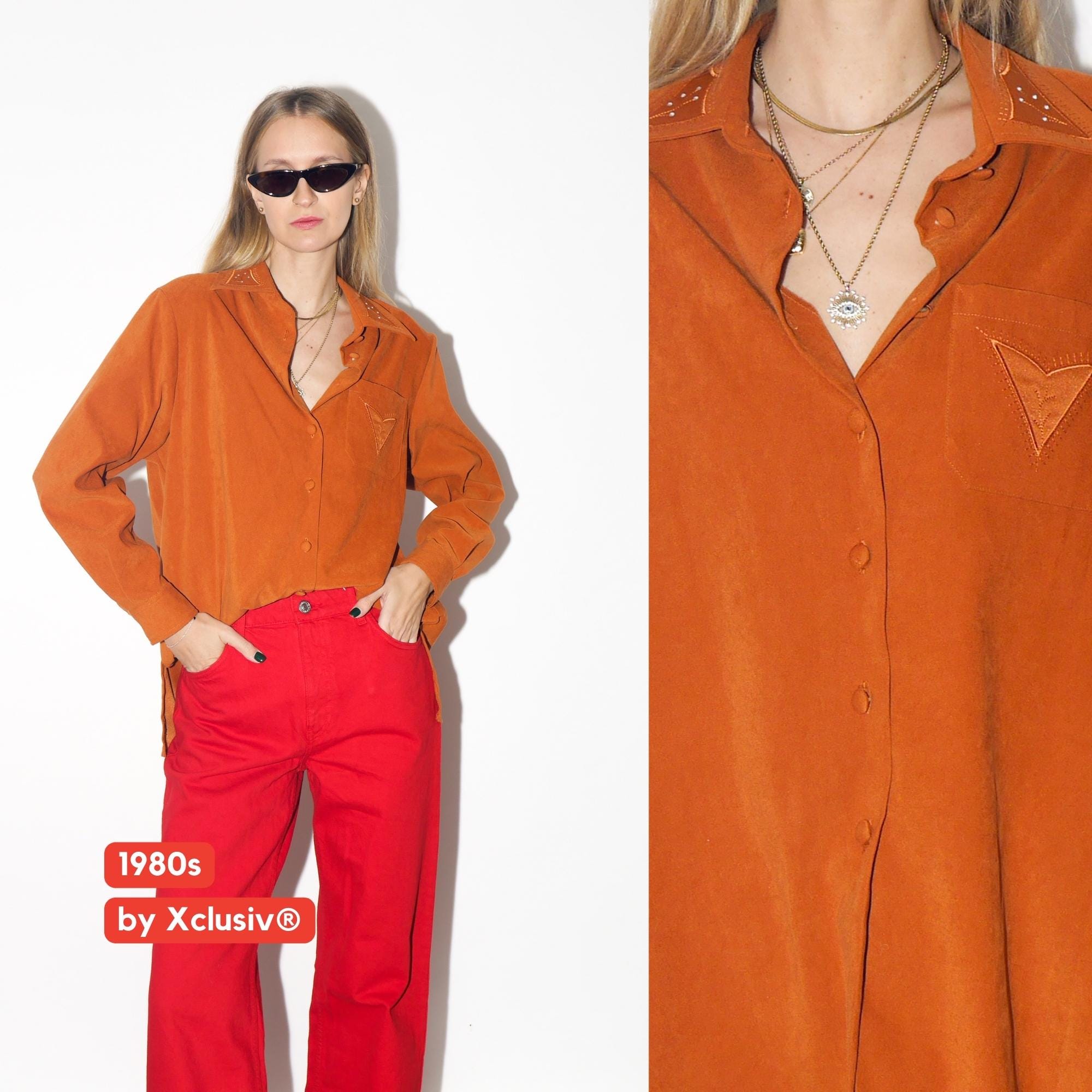 VINTAGE Rust Orange Embroidered Button Down Blouse From The 1980s
