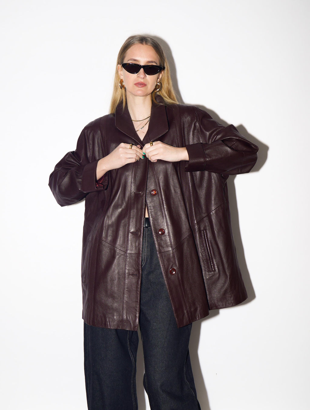 VINTAGE Burgundy Leather Jacket from 1990s | Dark Red Oversize Leather Jacket