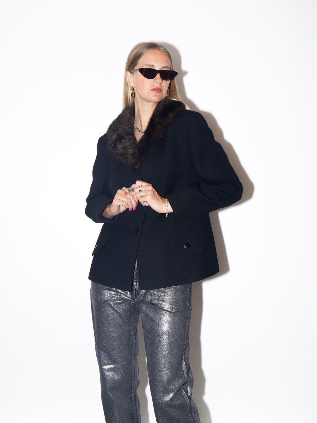 VINTAGE Wool Black Blazer With Real Brown Fur Collar From The 1980s By Maris
