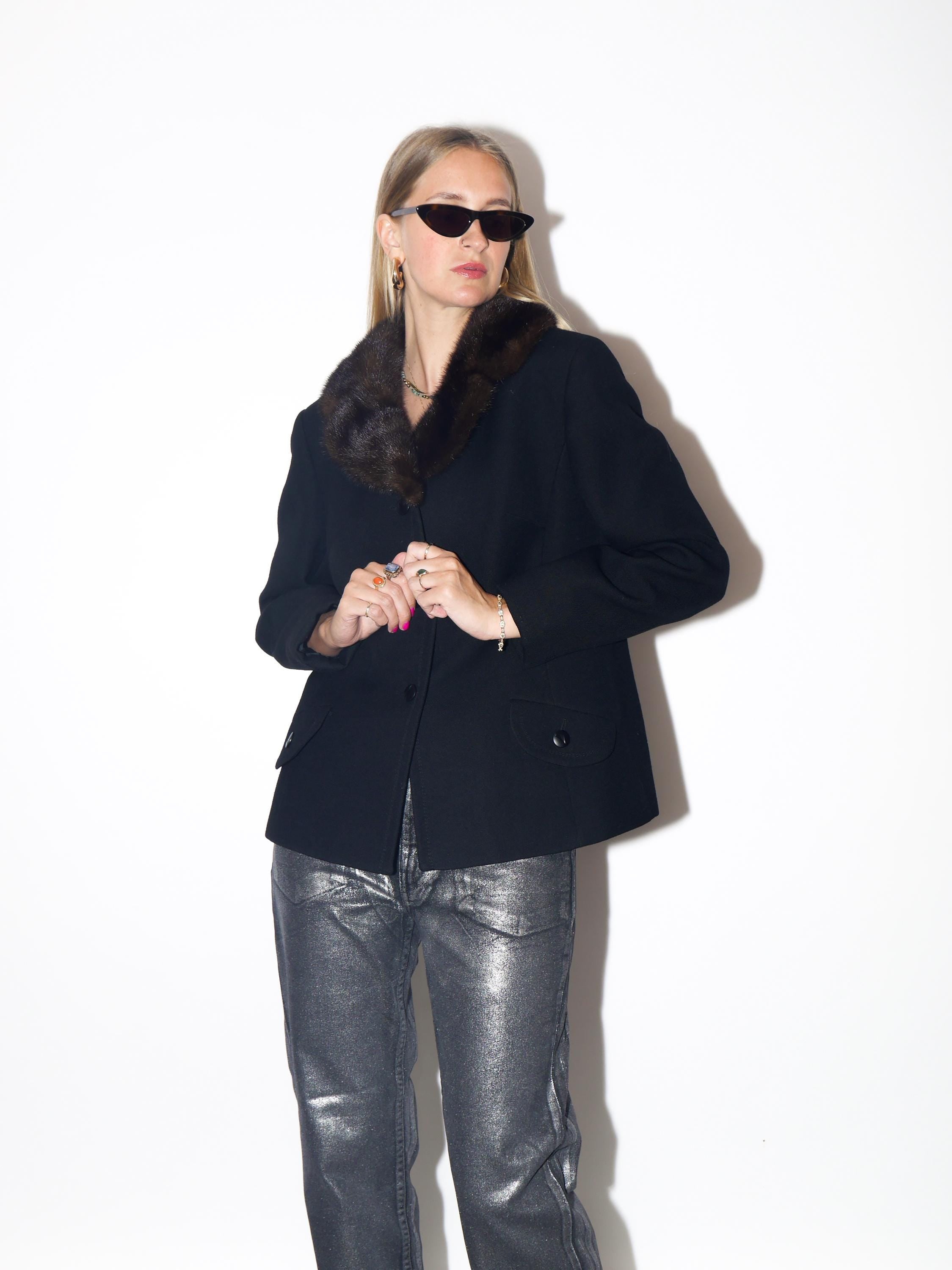 VINTAGE Wool Black Blazer With Real Brown Fur Collar From The 1980s By Maris