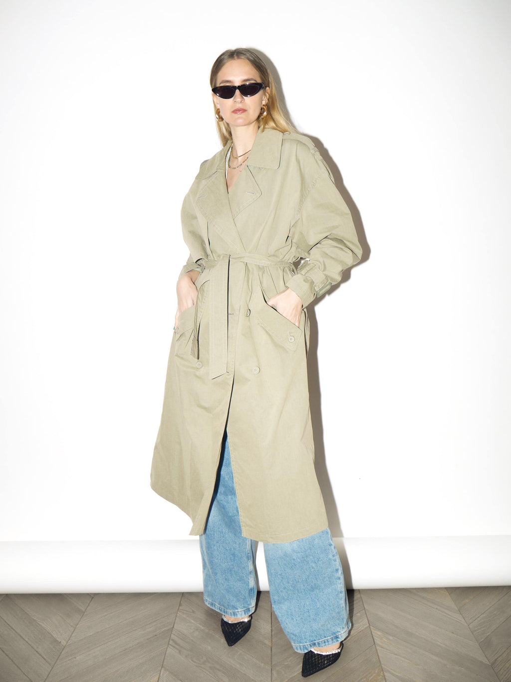 VINTAGE Khaki Maxi Trench Coat from 1980s | Oversized Cotton Trench