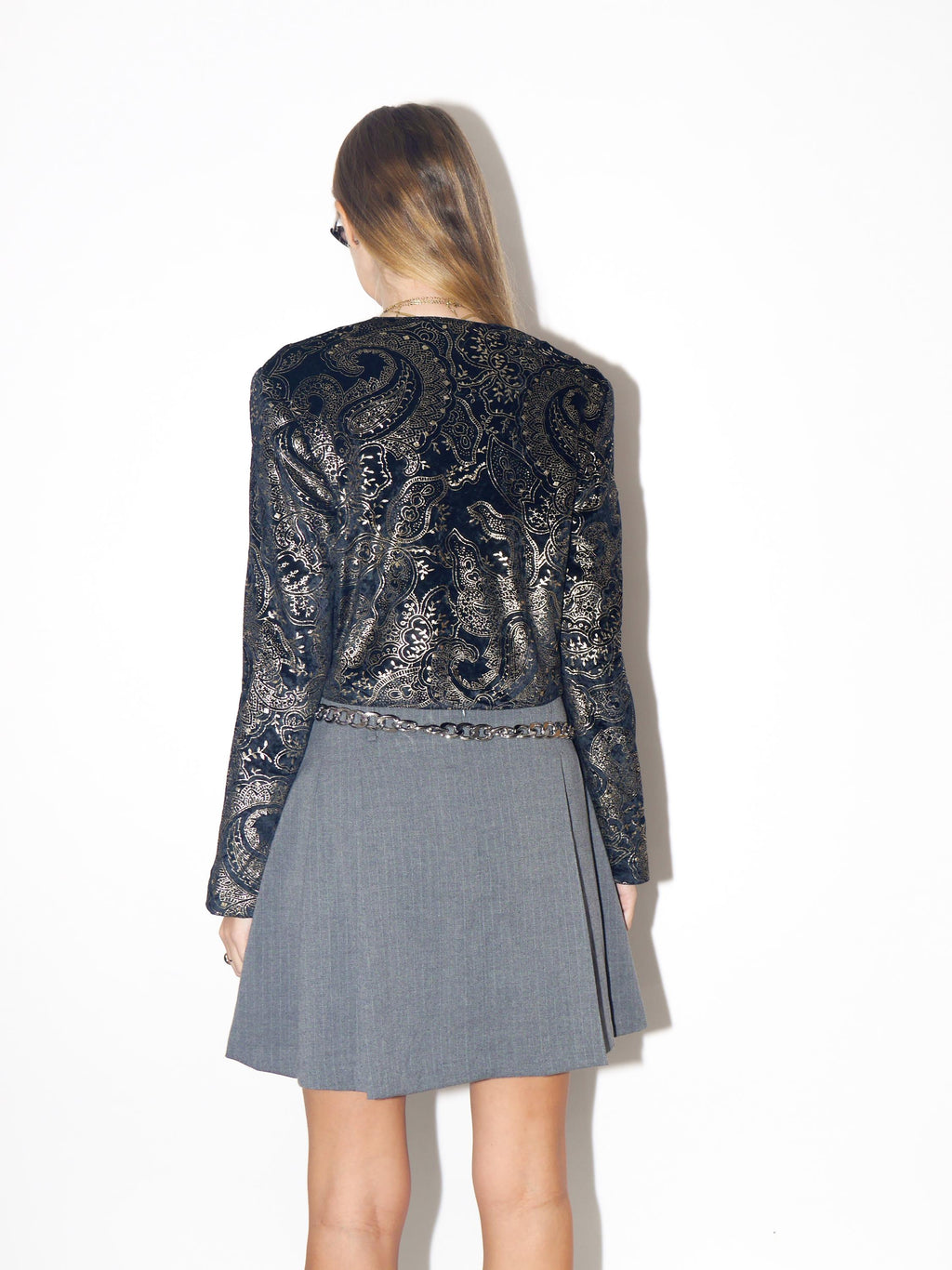 VINTAGE Black Velvet Cropped Blazer With Gold Metallic Pattern And Shoulder Pads From The 1980s By Vera Mont