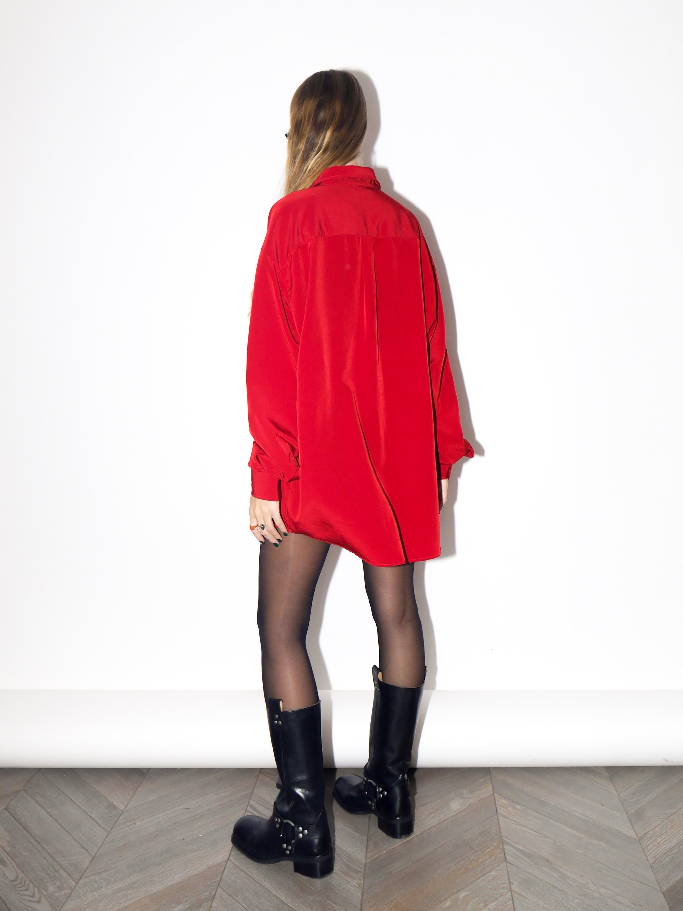 VINTAGE Red Burgundy Dragon Embroidered Oversized Long Sleeve Blouse From The 1980s By Nero Collezione