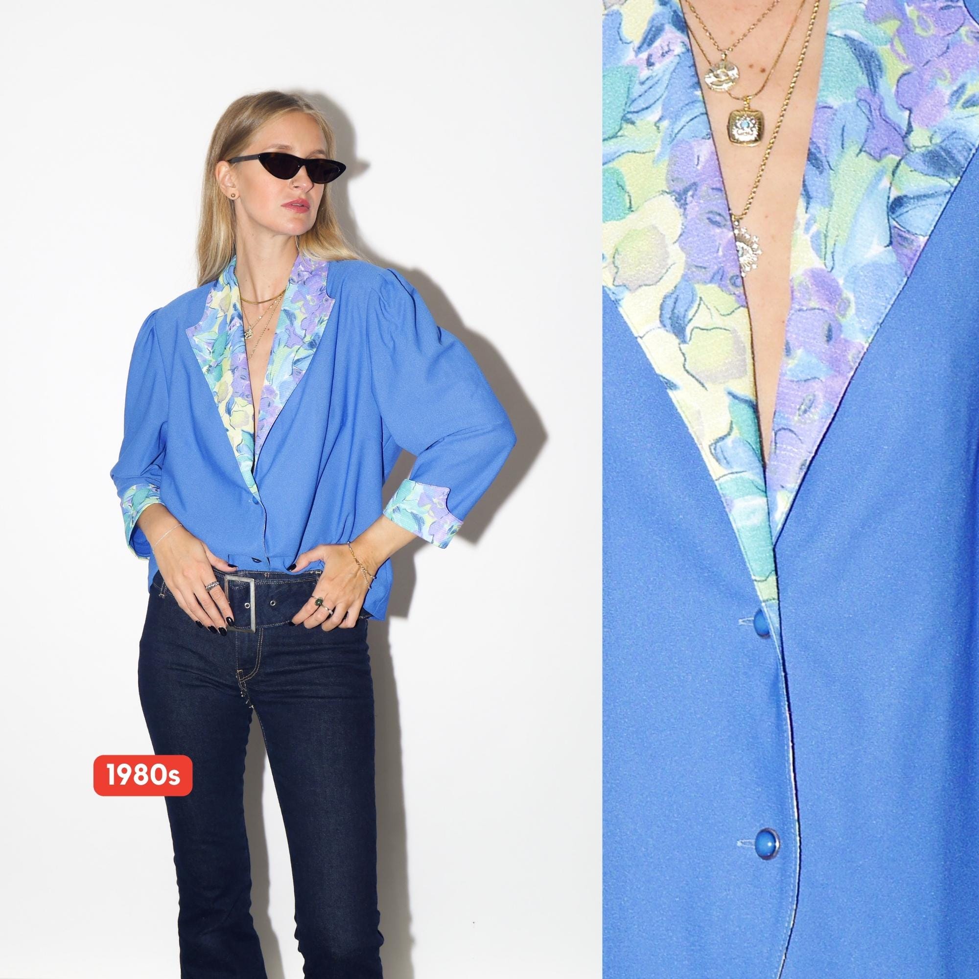 VINTAGE Electric Blue Blouse With Floral Cuffs And Collar And Edgy Sleeves From The 1980s