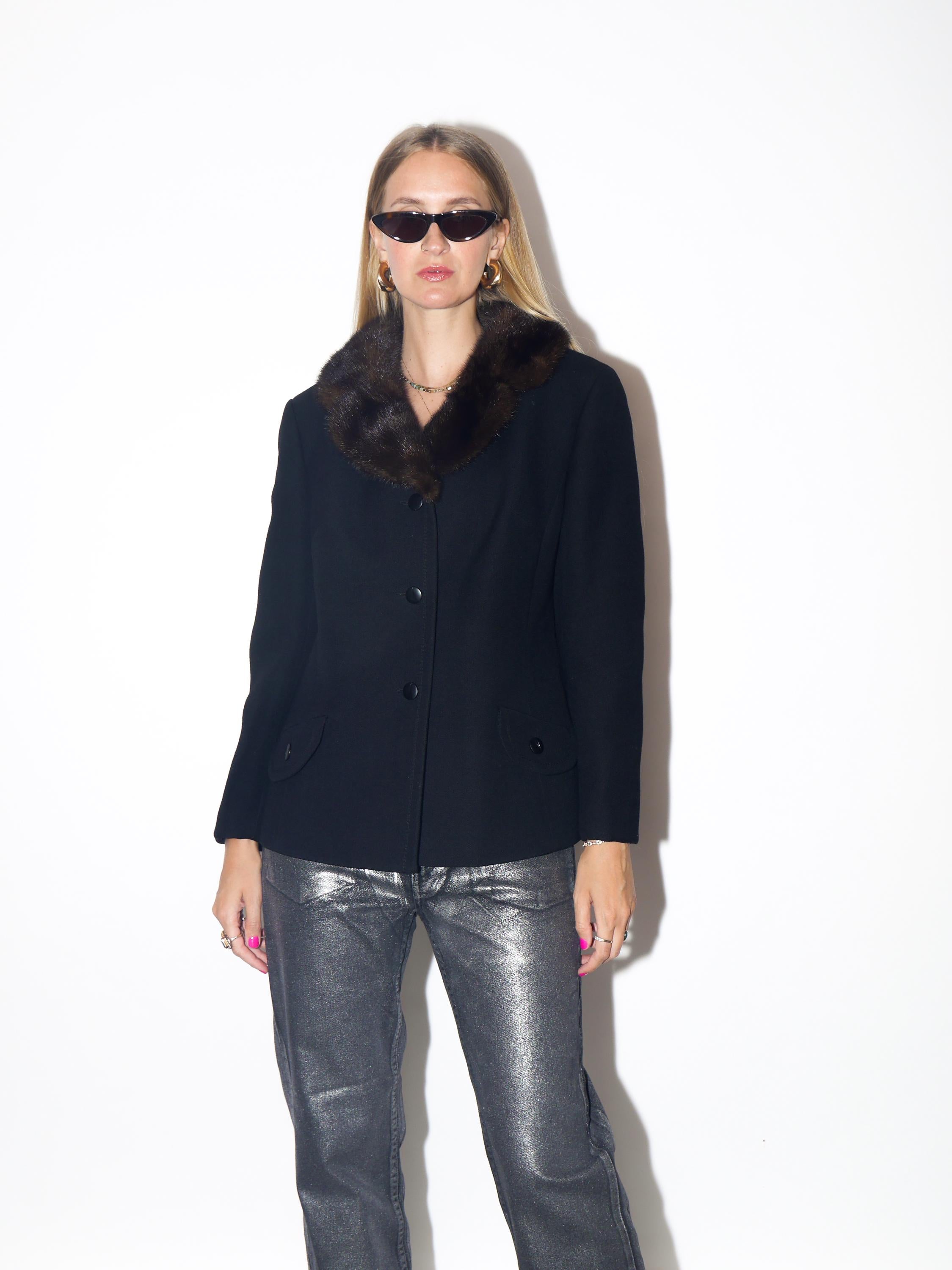 VINTAGE Wool Black Blazer With Real Brown Fur Collar From The 1980s By Maris