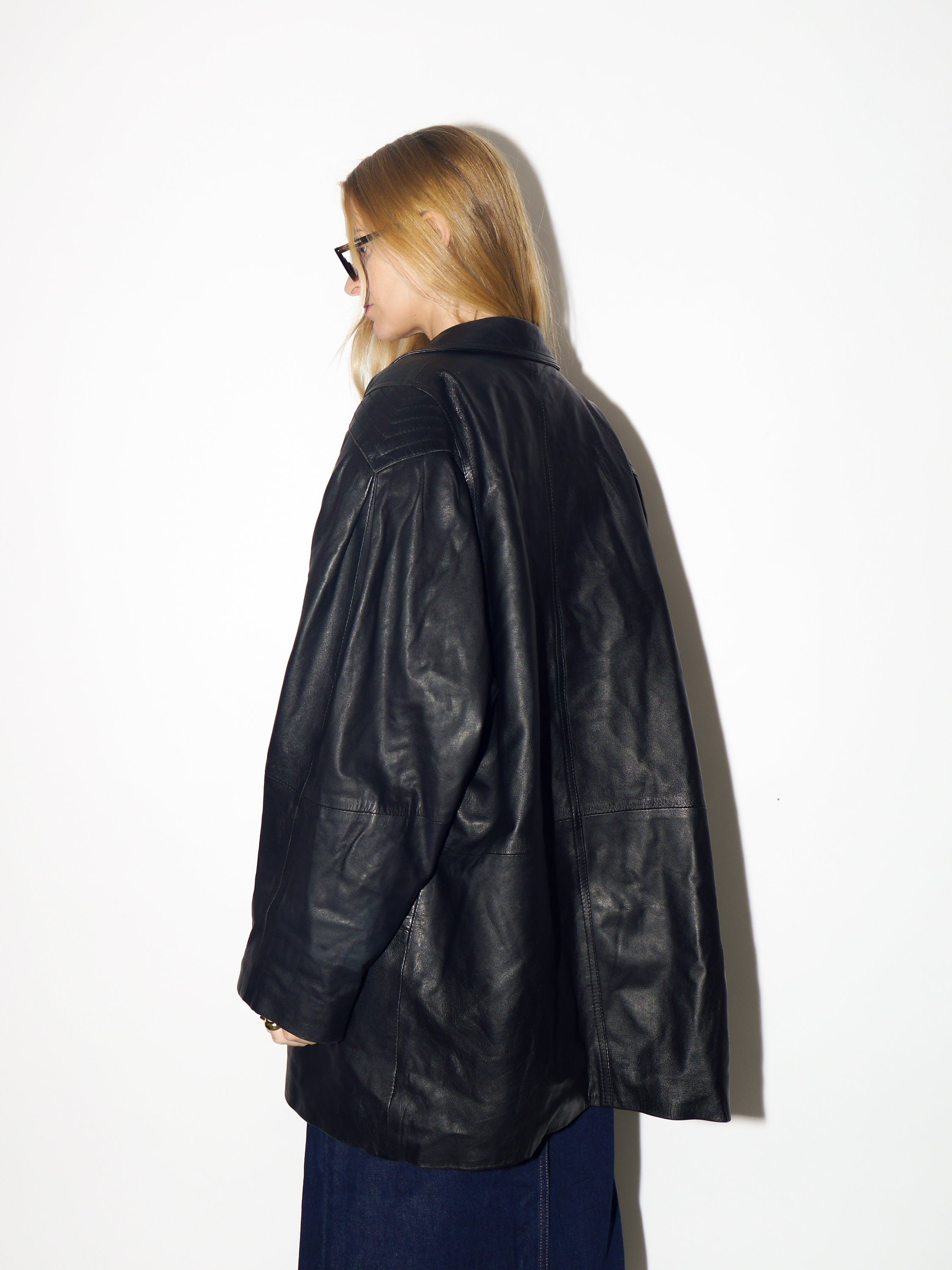 VINTAGE leather jacket 1980s | oversized black vintage leather blazer | retro leather jacket | bat wing sleeves leather jacket