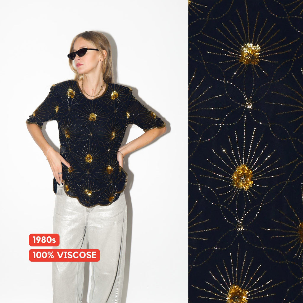 VINTAGE Black Viscose Blouse From The 1980s With Gold Beads And Sequins By Katherine Hart