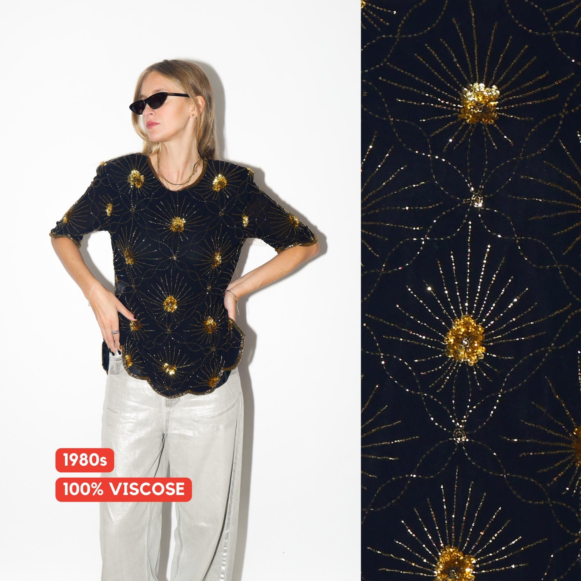 VINTAGE Black Viscose Blouse From The 1980s With Gold Beads And Sequins By Katherine Hart