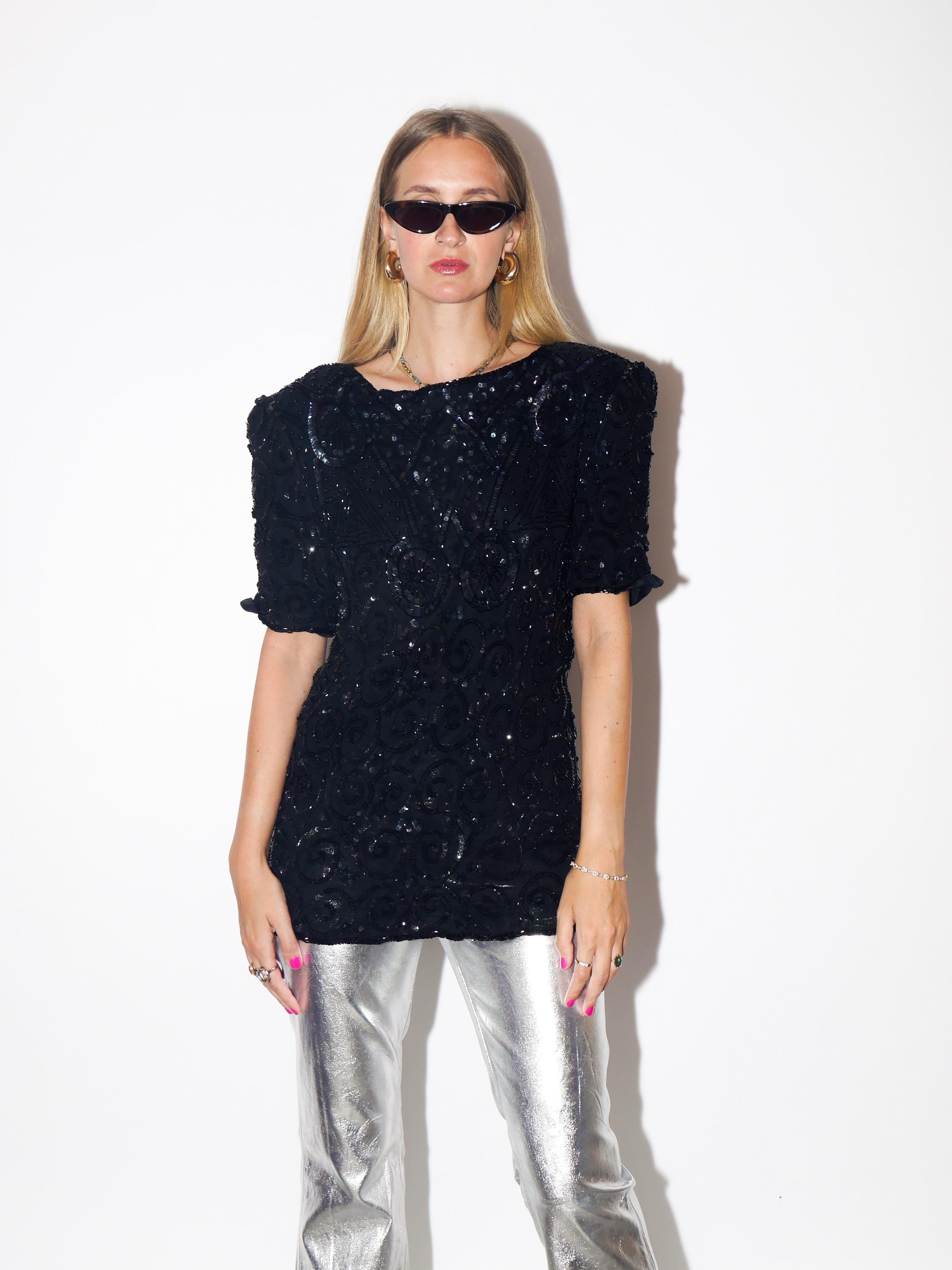VINTAGE Black Silk Short Sleeve Sequin Blouse With Shoulder Pads From The 1980s By Ribbel