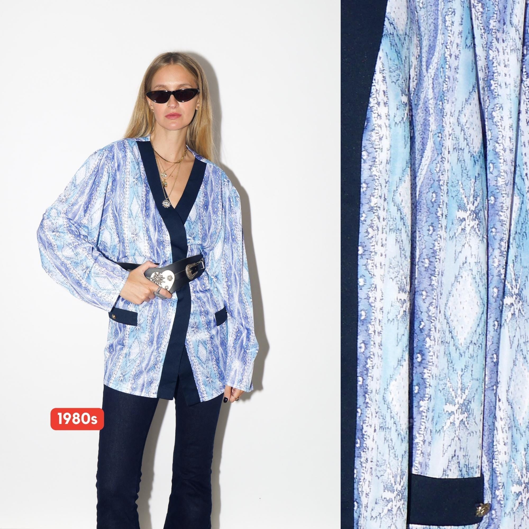 VINTAGE Navy Abstract Print Blazer From The 1980s With Navy Trim