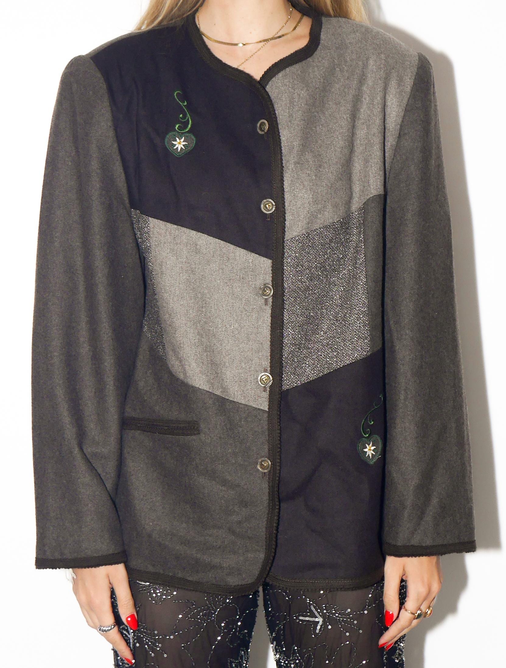 VINTAGE Brown And Grey Folk Wool Blend Blazer With Heart Embroidery From The 1980s