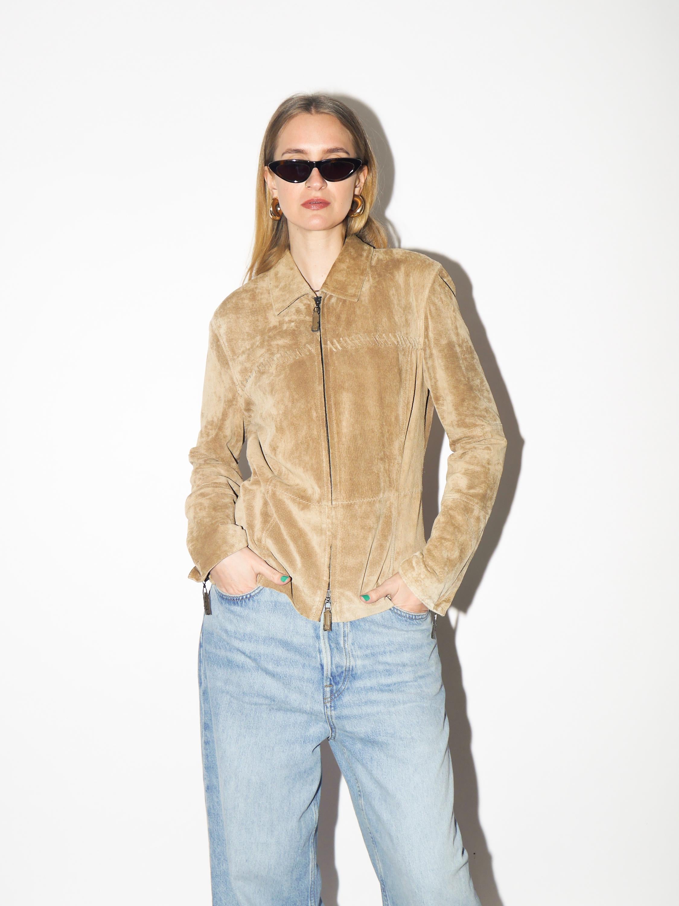 VINTAGE Beige Suede Jacket from 1980s | Betty Barkley Double Zip Leather Jacket