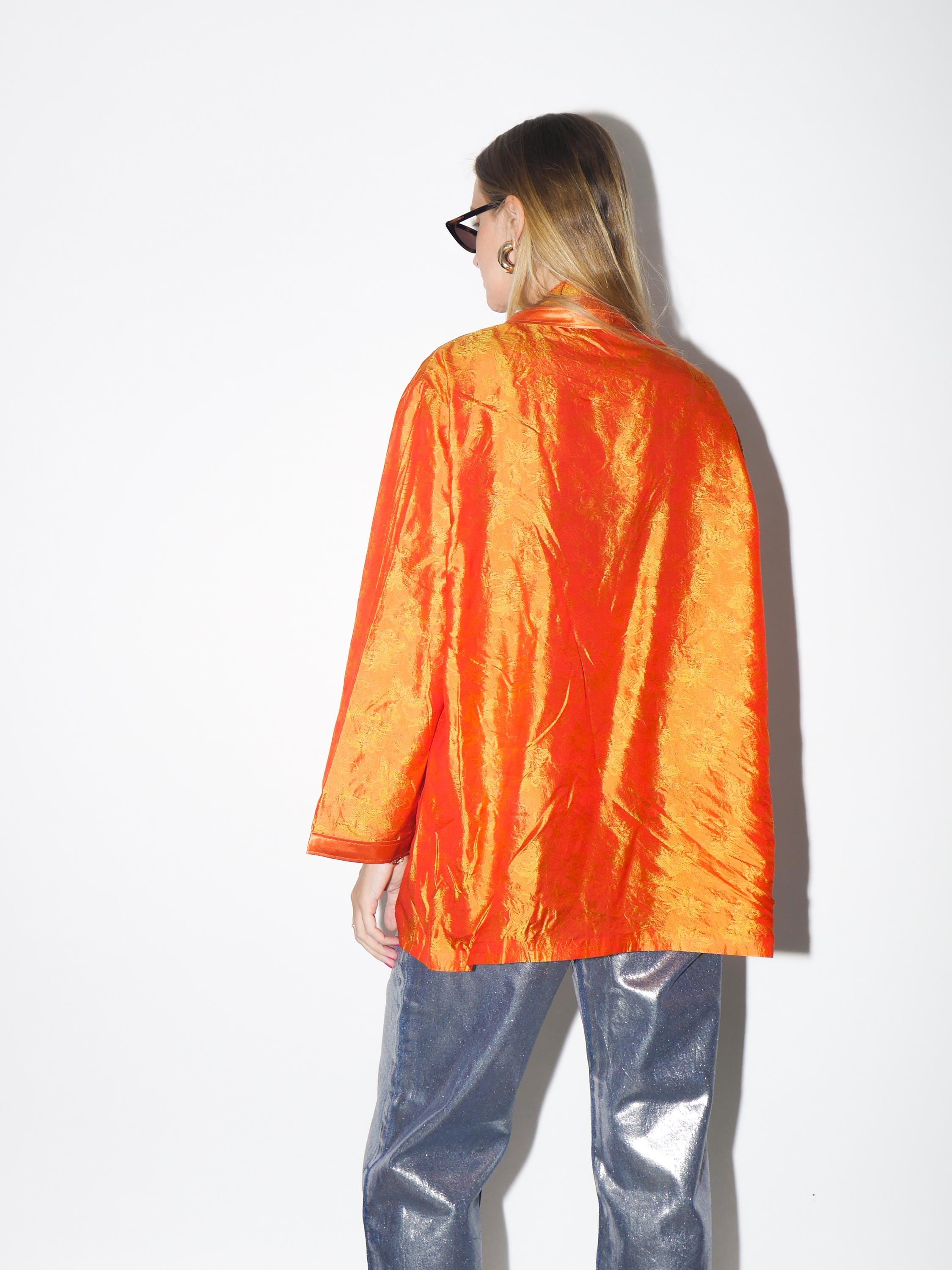 VINTAGE 100% Silk Orange Floral Oversized Blouse Tailor Made One Of A Kind From The 1980s (Handmade)