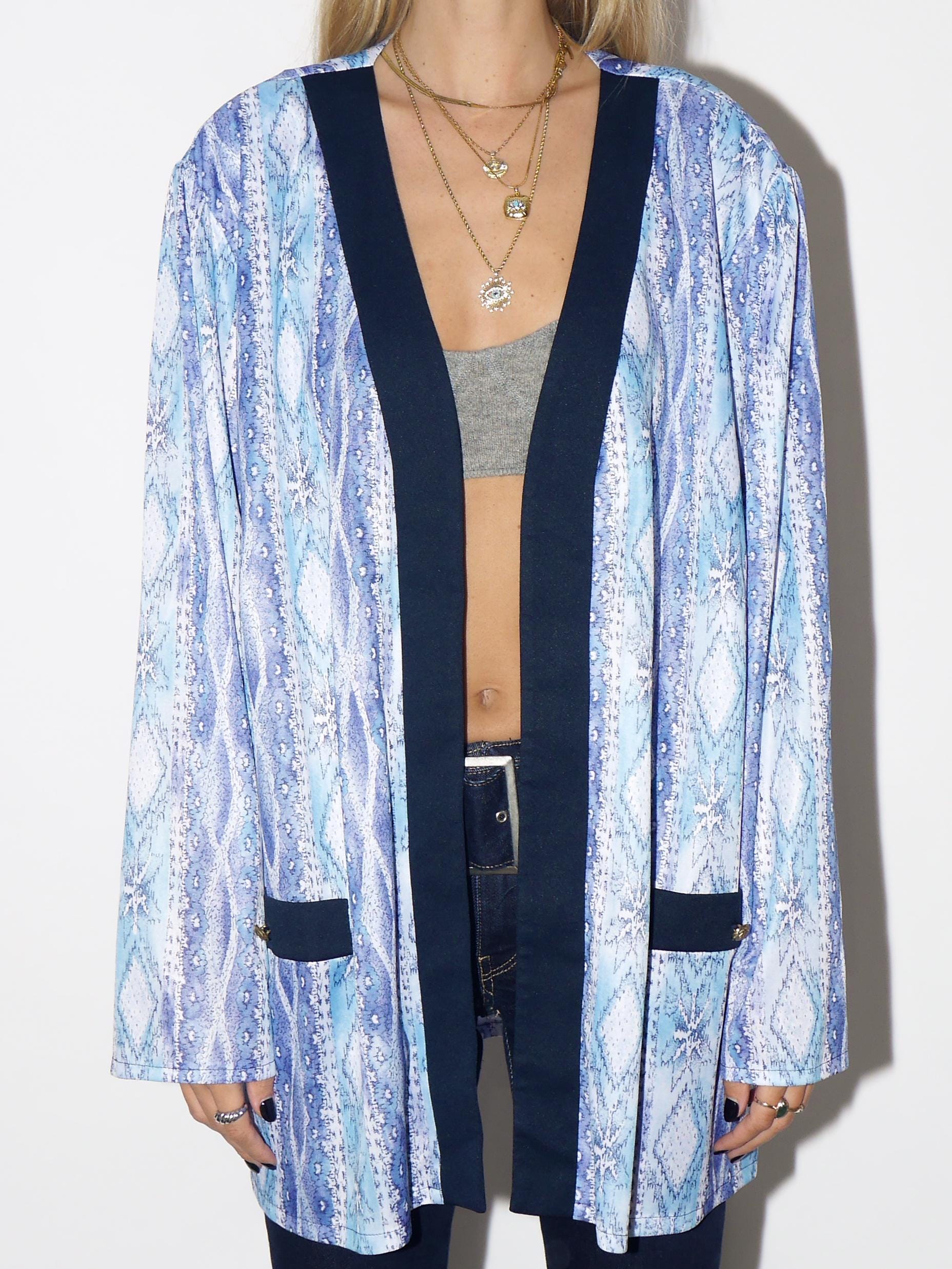 VINTAGE Navy Abstract Print Blazer From The 1980s With Navy Trim